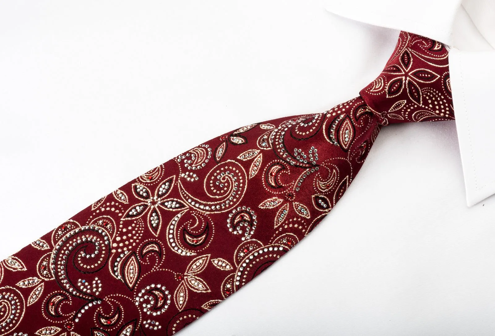 Daks Silk Rhinestone Necktie Gold Floral On Burgundy With Golden Sparkles