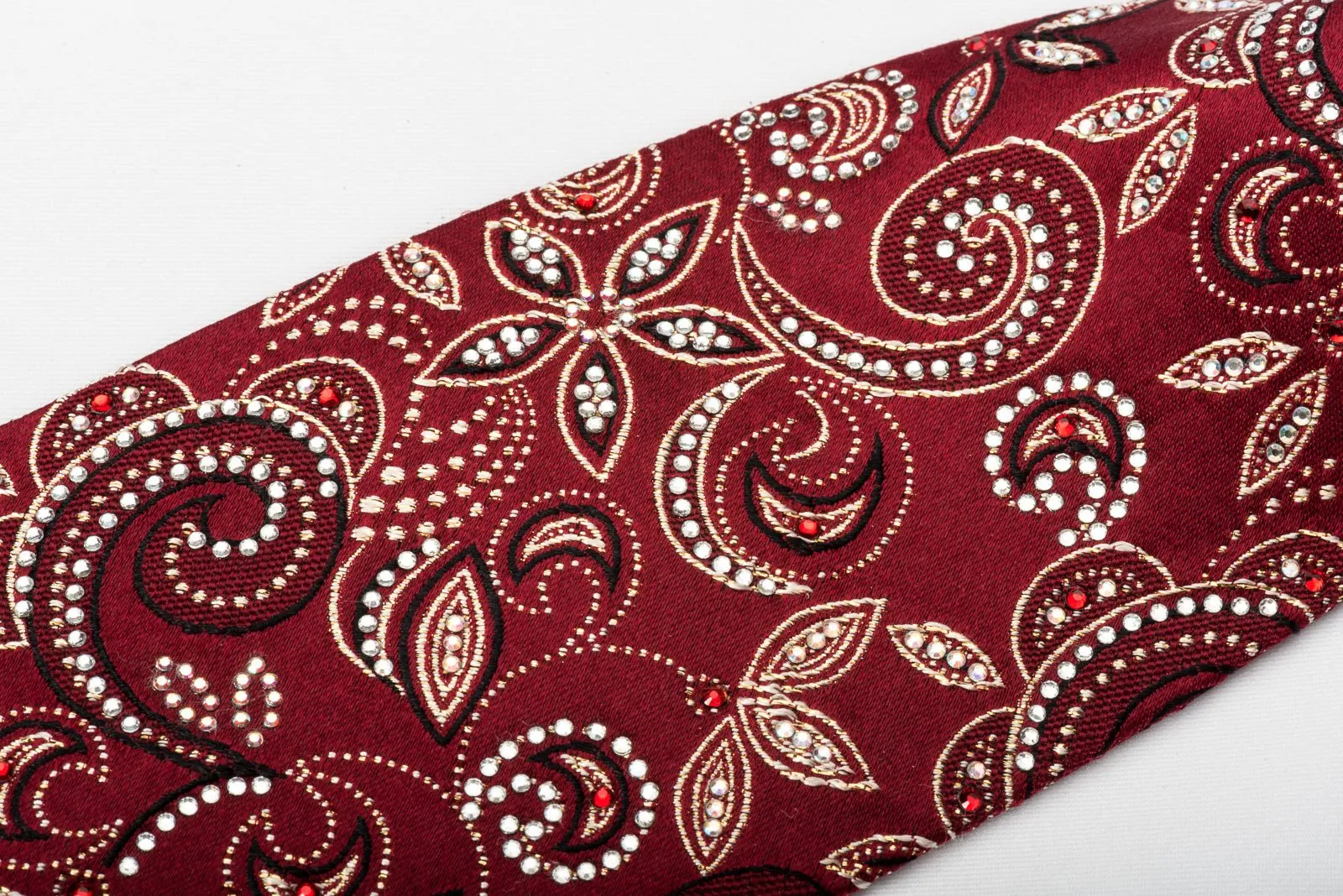 Daks Silk Rhinestone Necktie Gold Floral On Burgundy With Golden Sparkles