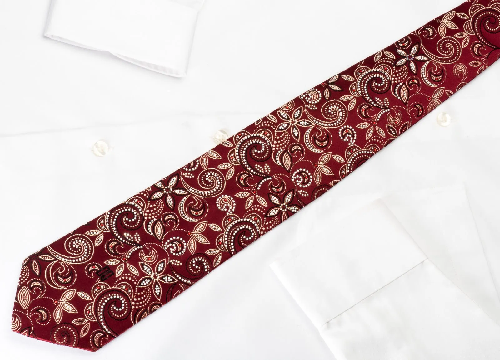 Daks Silk Rhinestone Necktie Gold Floral On Burgundy With Golden Sparkles