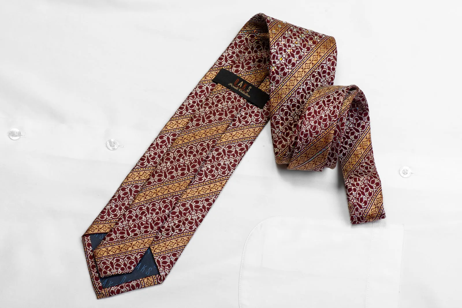 Daks Silk Tie Gold Stipes & Silver Cartouche On Burgundy With Sparkles