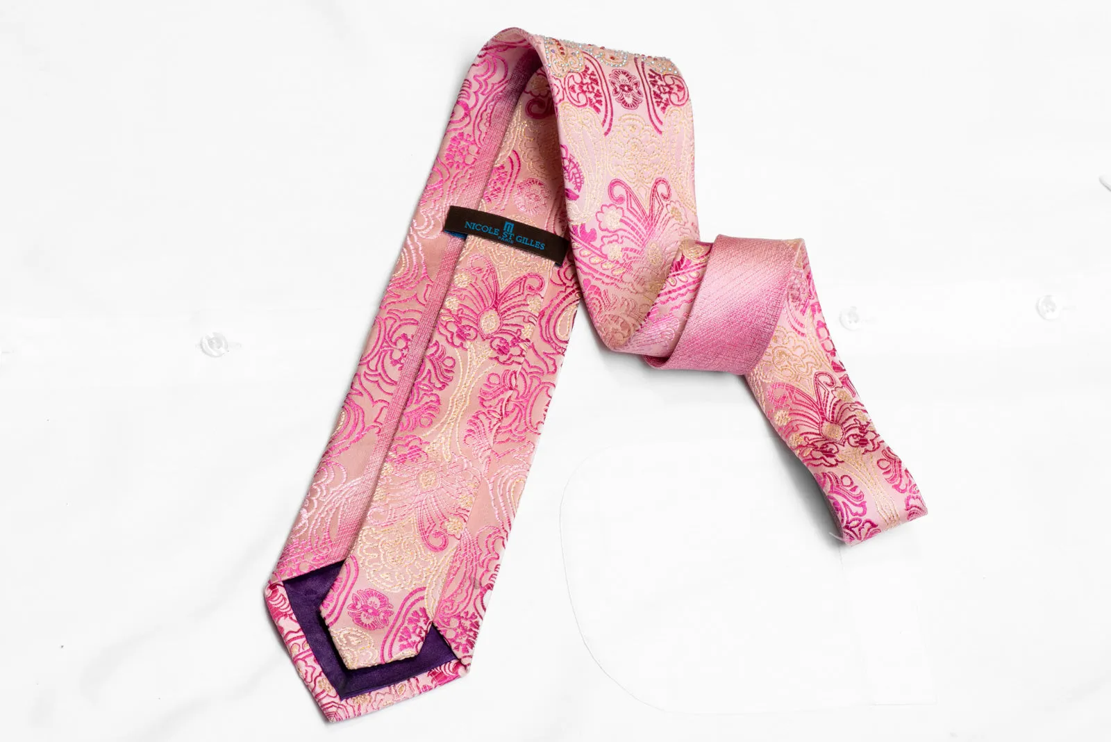 Damask On Pink Rhinestone Silk Necktie With Silver Sparkles