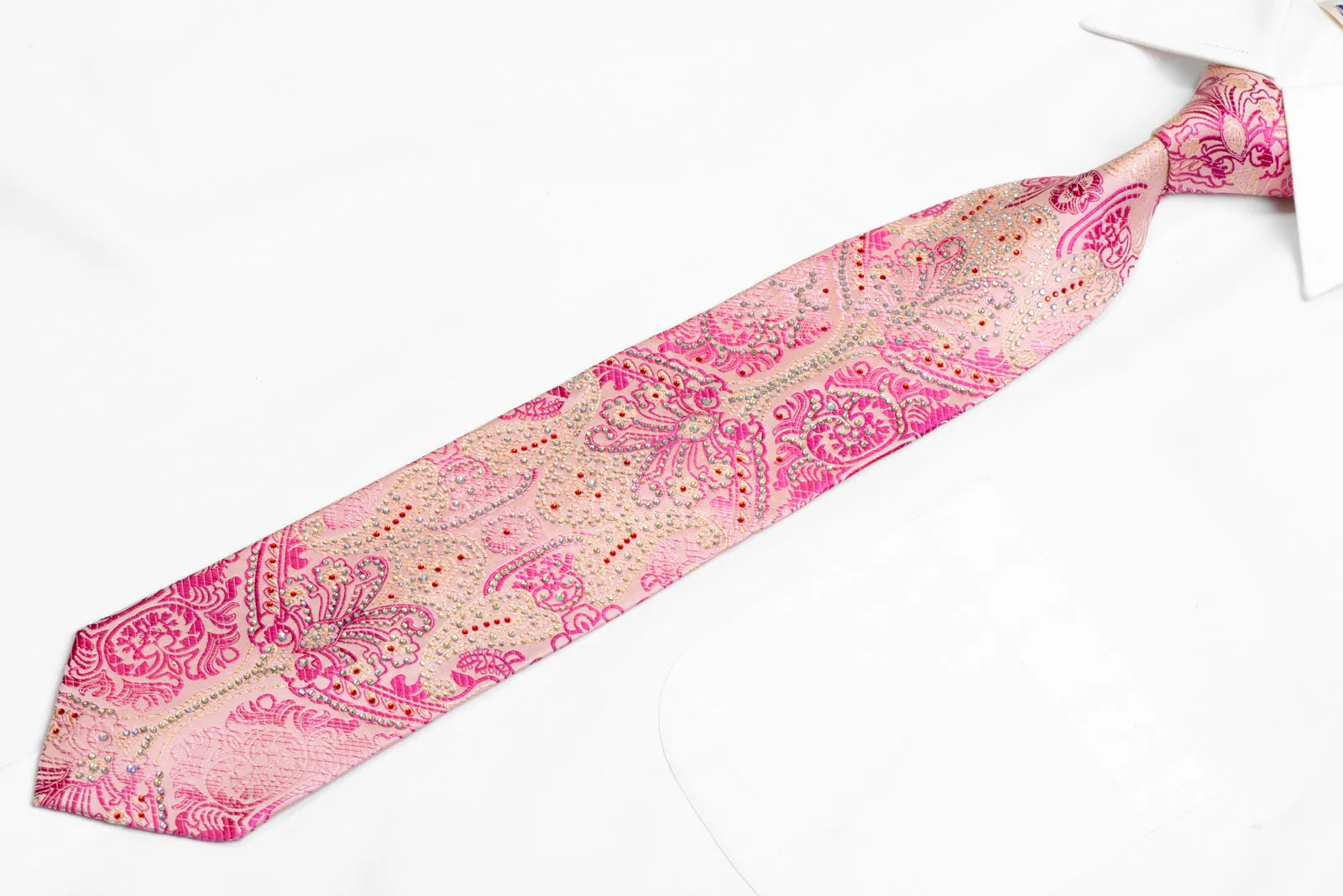 Damask On Pink Rhinestone Silk Necktie With Silver Sparkles