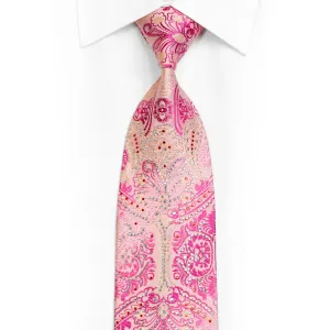 Damask On Pink Rhinestone Silk Necktie With Silver Sparkles