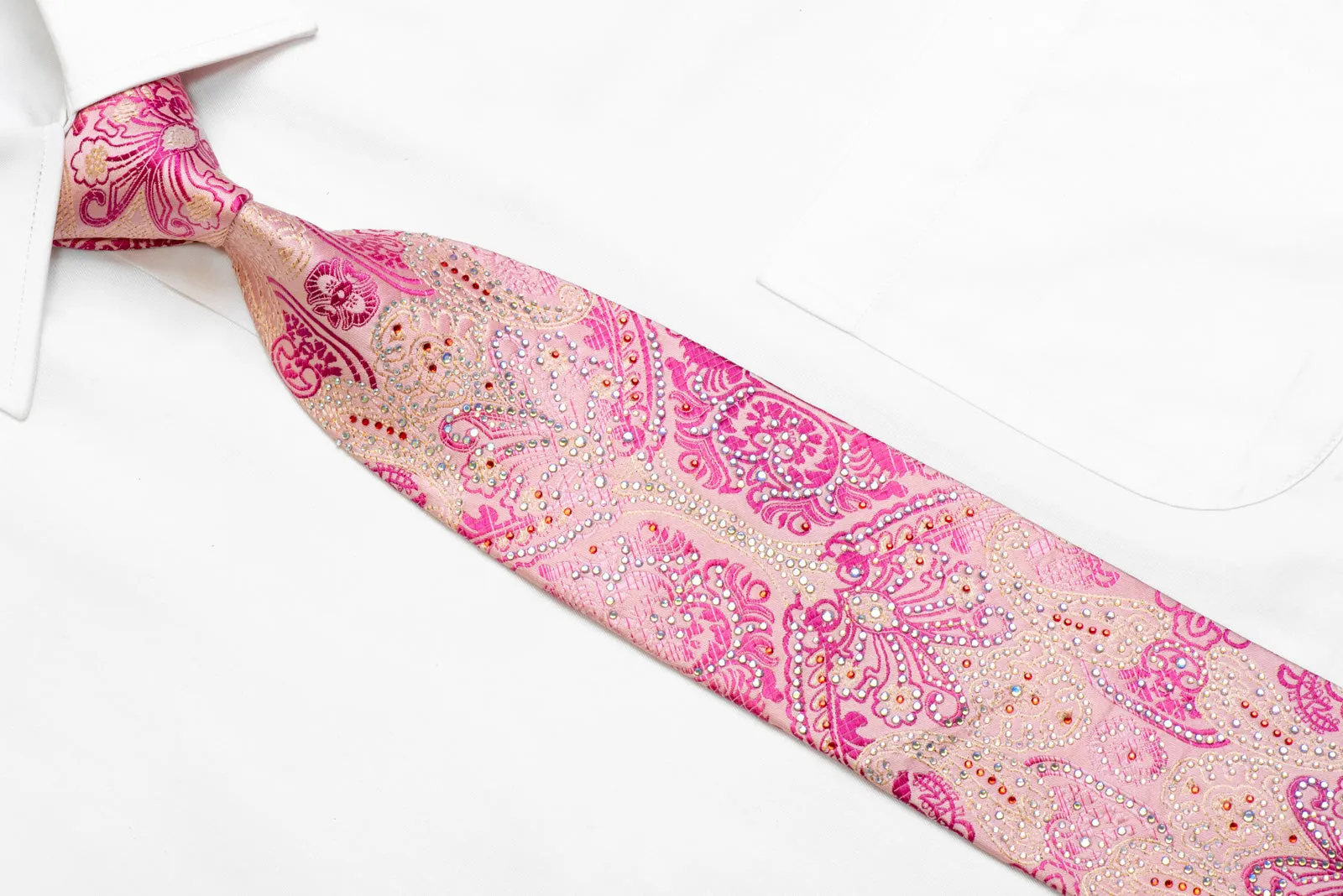 Damask On Pink Rhinestone Silk Necktie With Silver Sparkles