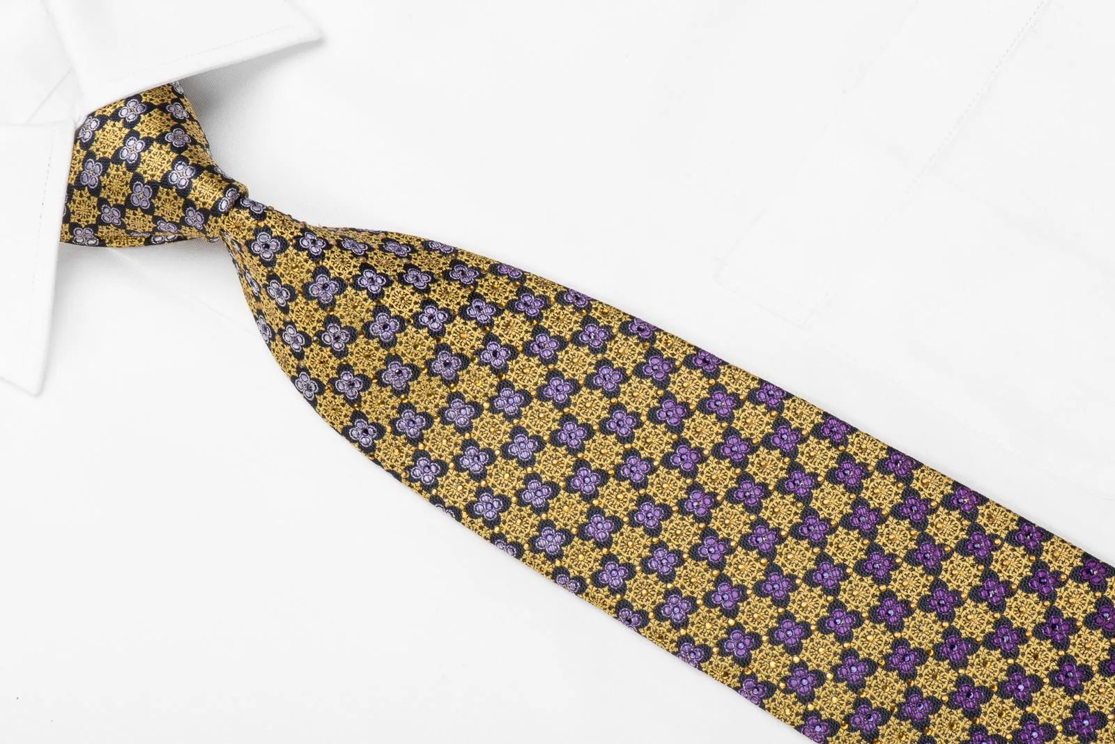 Daniel Hechter Men's Crystal Silk Necktie Gold Purple Cartouche On Navy With Gold Sparkles