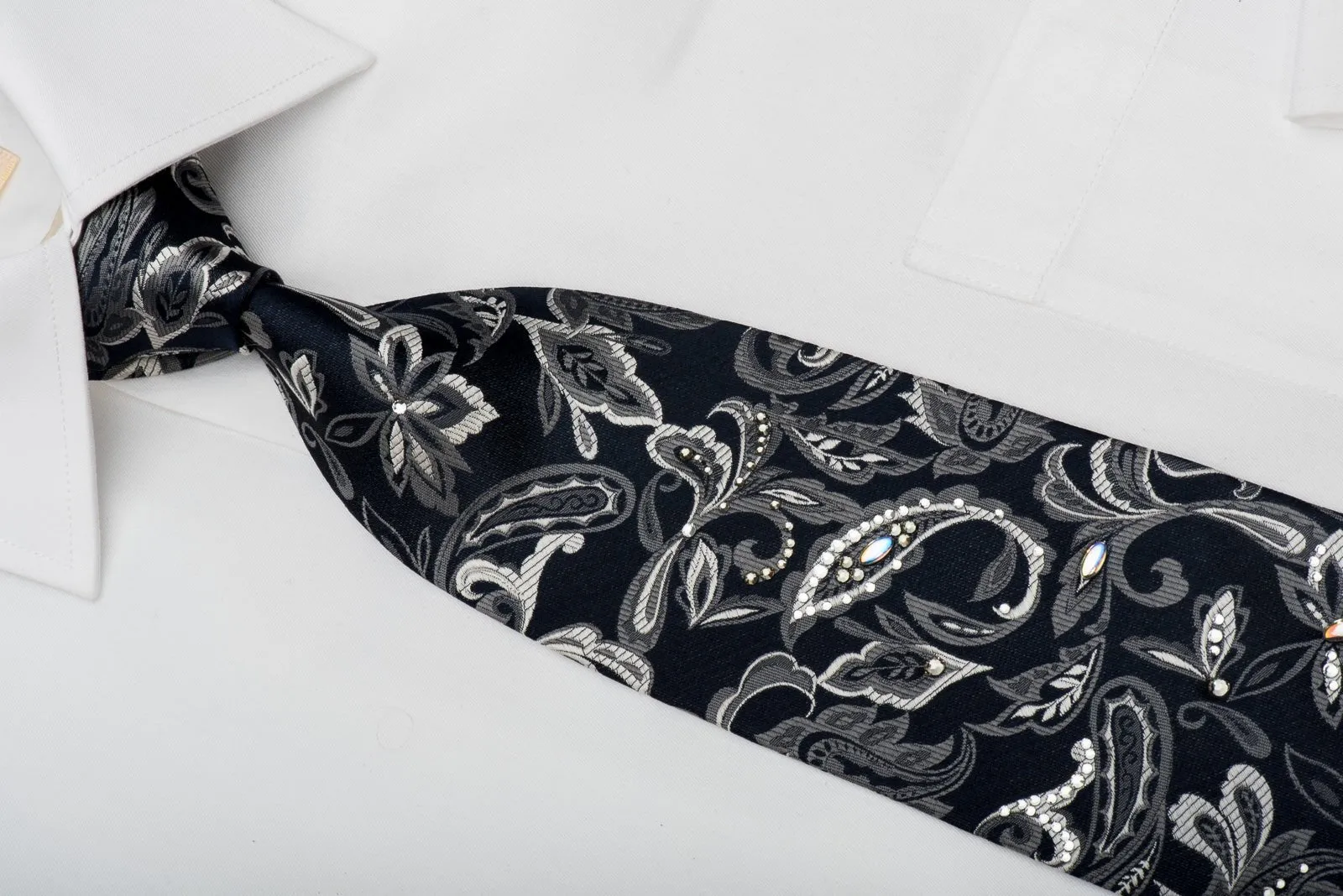 Daniel Hechter Mens Silk Necktie Silver Paisley On Black Sparkling With Rhinestones
