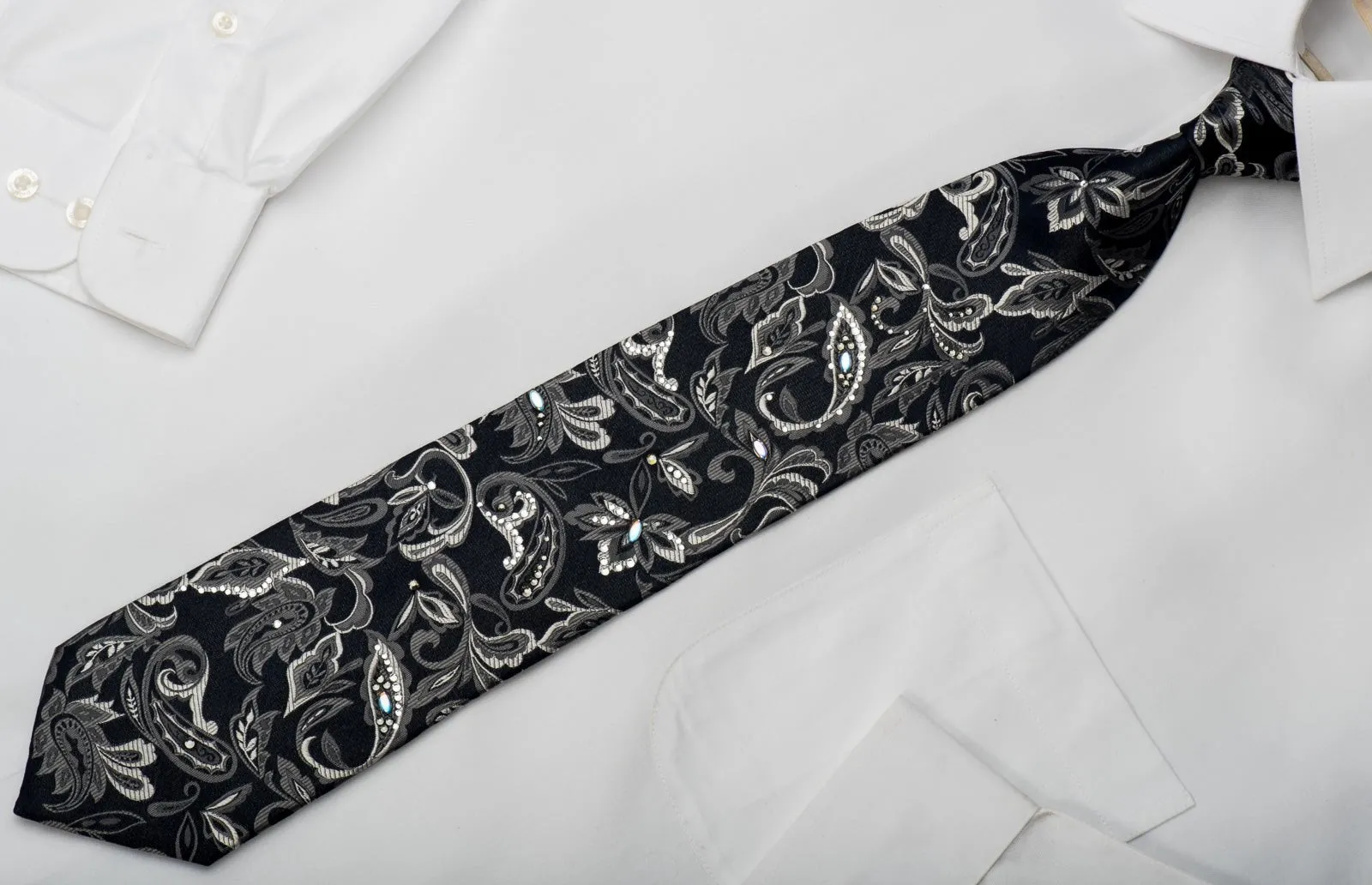 Daniel Hechter Mens Silk Necktie Silver Paisley On Black Sparkling With Rhinestones