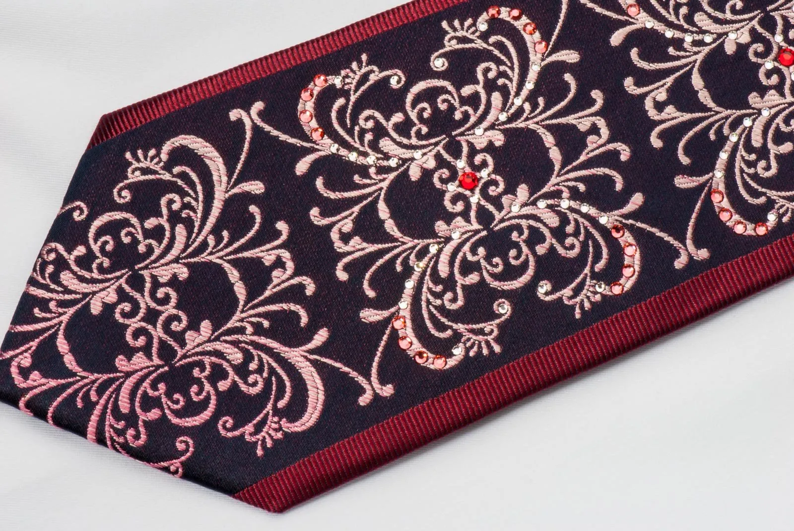 Daniel Hechter Silk Crystal Rhinestone Necktie Damask Design On Dark Navy Blue