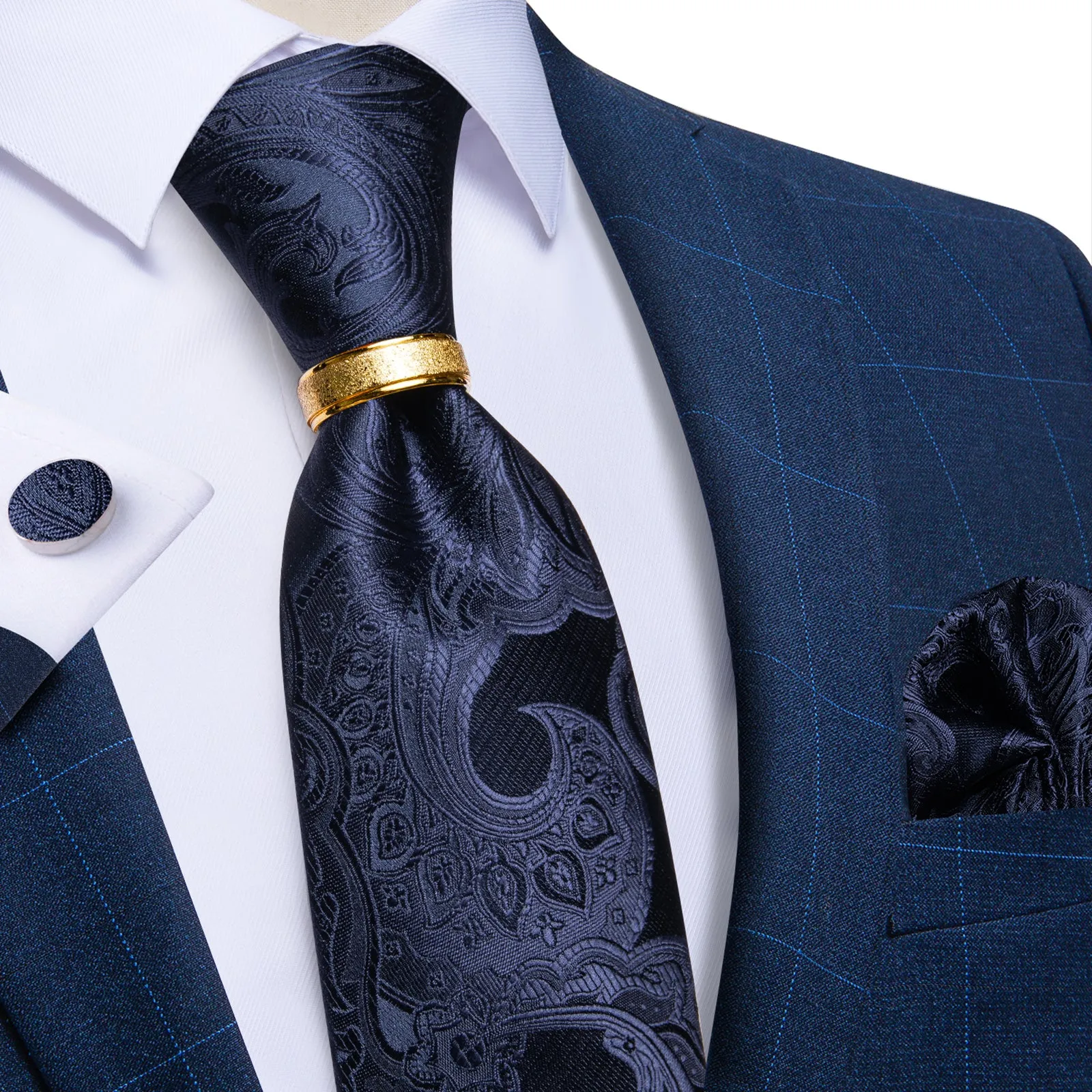 DiBanGu Silk Tie 4PCS Blue Floral Men's Tie Pocket Square Cufflinks with Tie Ring Set