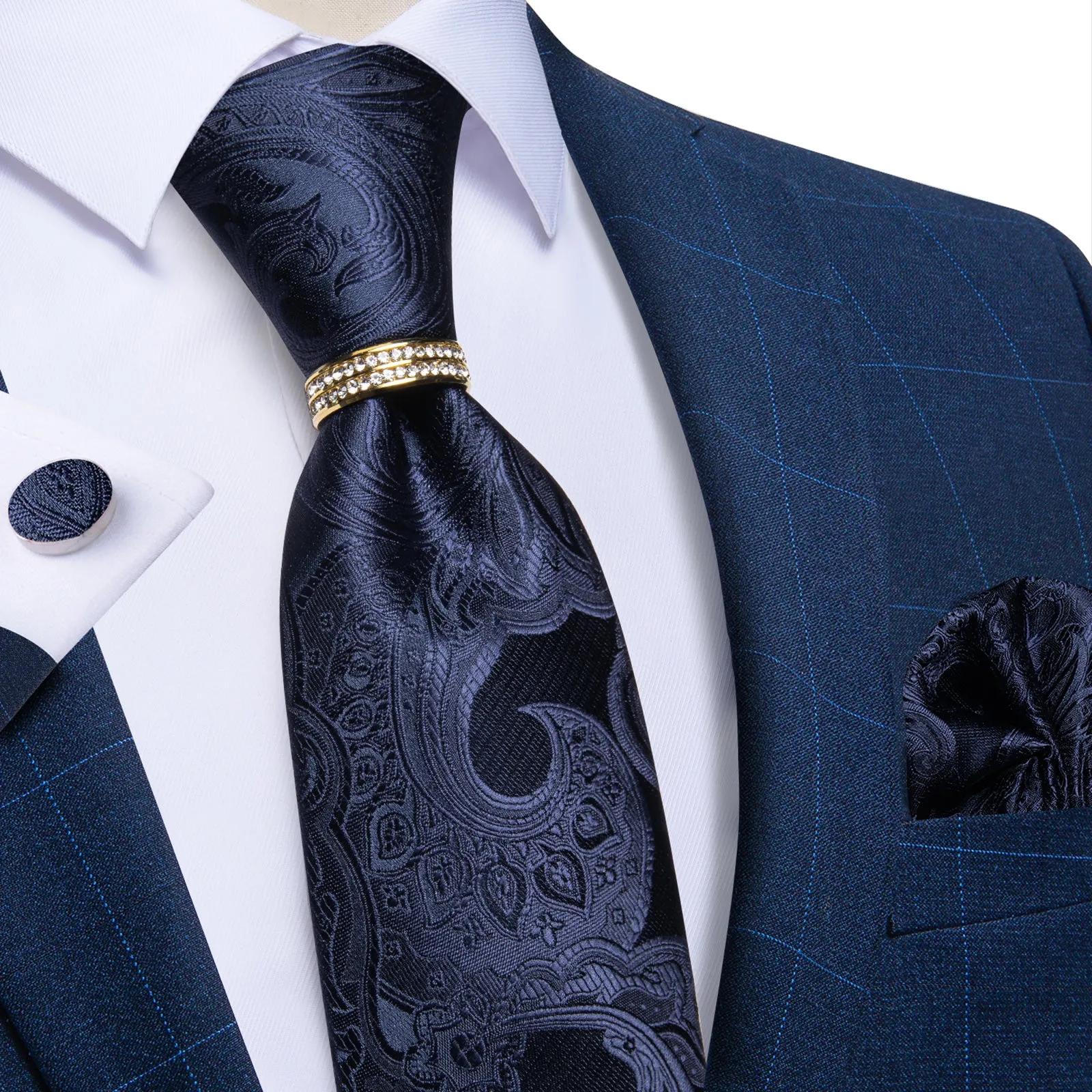 DiBanGu Silk Tie 4PCS Blue Floral Men's Tie Pocket Square Cufflinks with Tie Ring Set