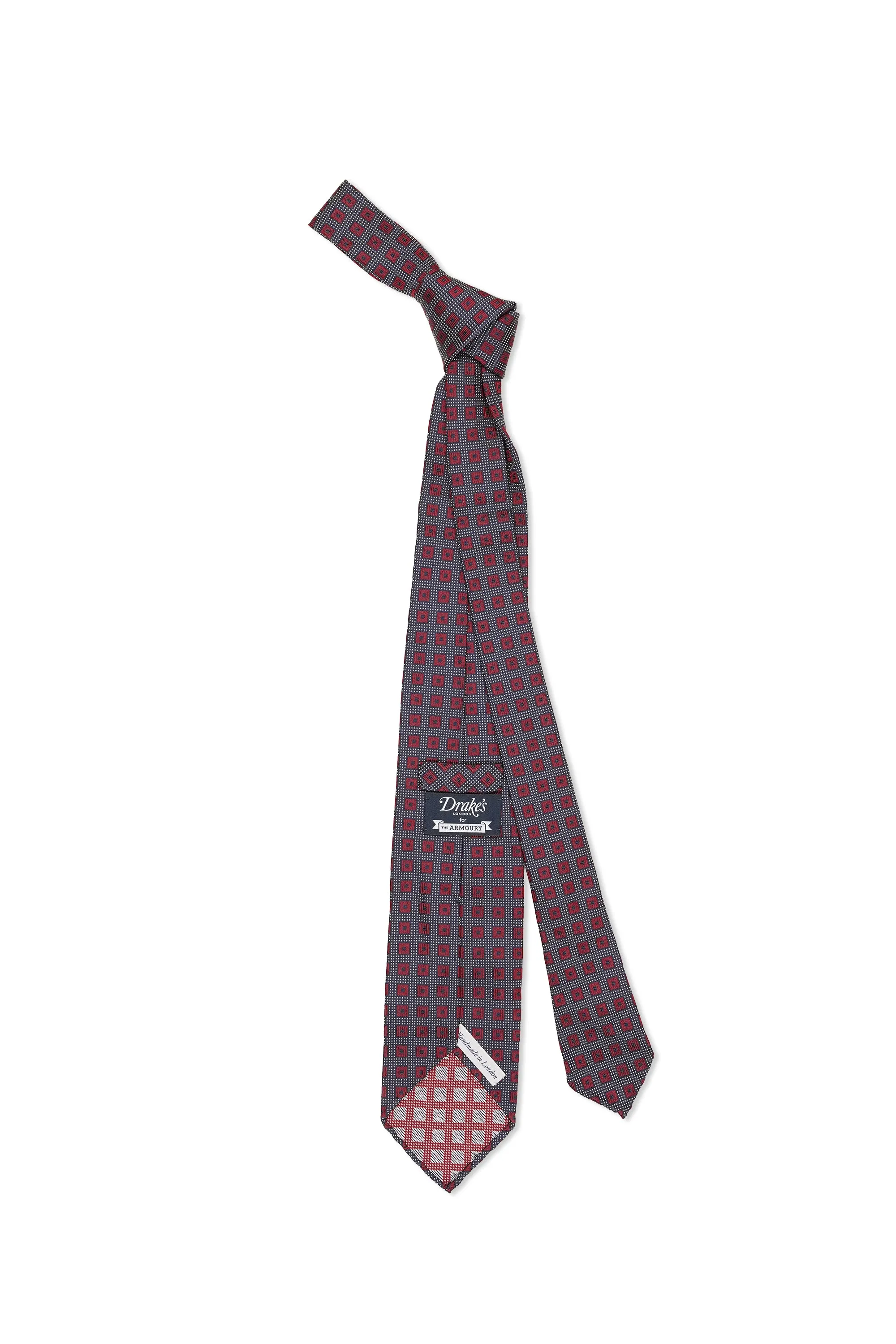 Drake's Navy with Red Square Pattern Silk Woven Jacquard Tie