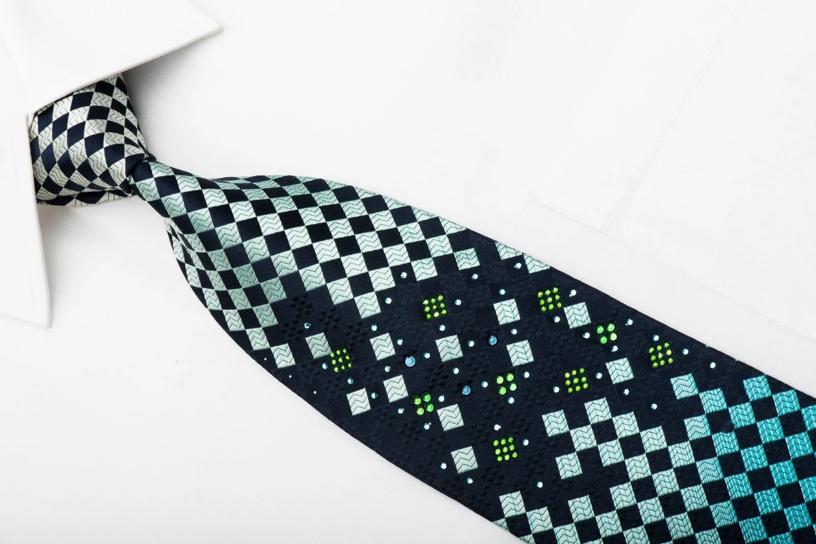 Elegance Men's Rhinestone Necktie Checker On Navy Blue With Silver Sparkles