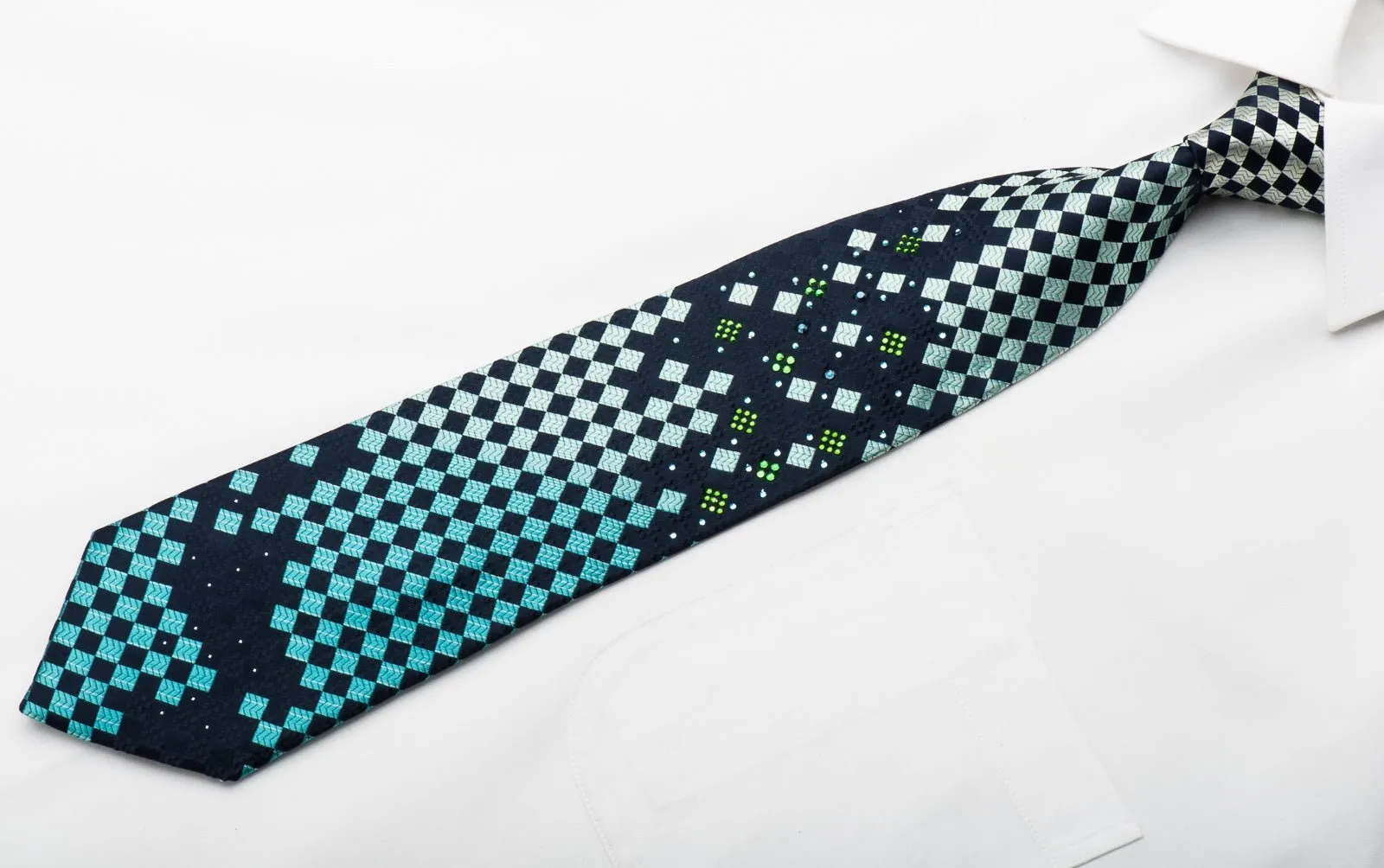 Elegance Men's Rhinestone Necktie Checker On Navy Blue With Silver Sparkles