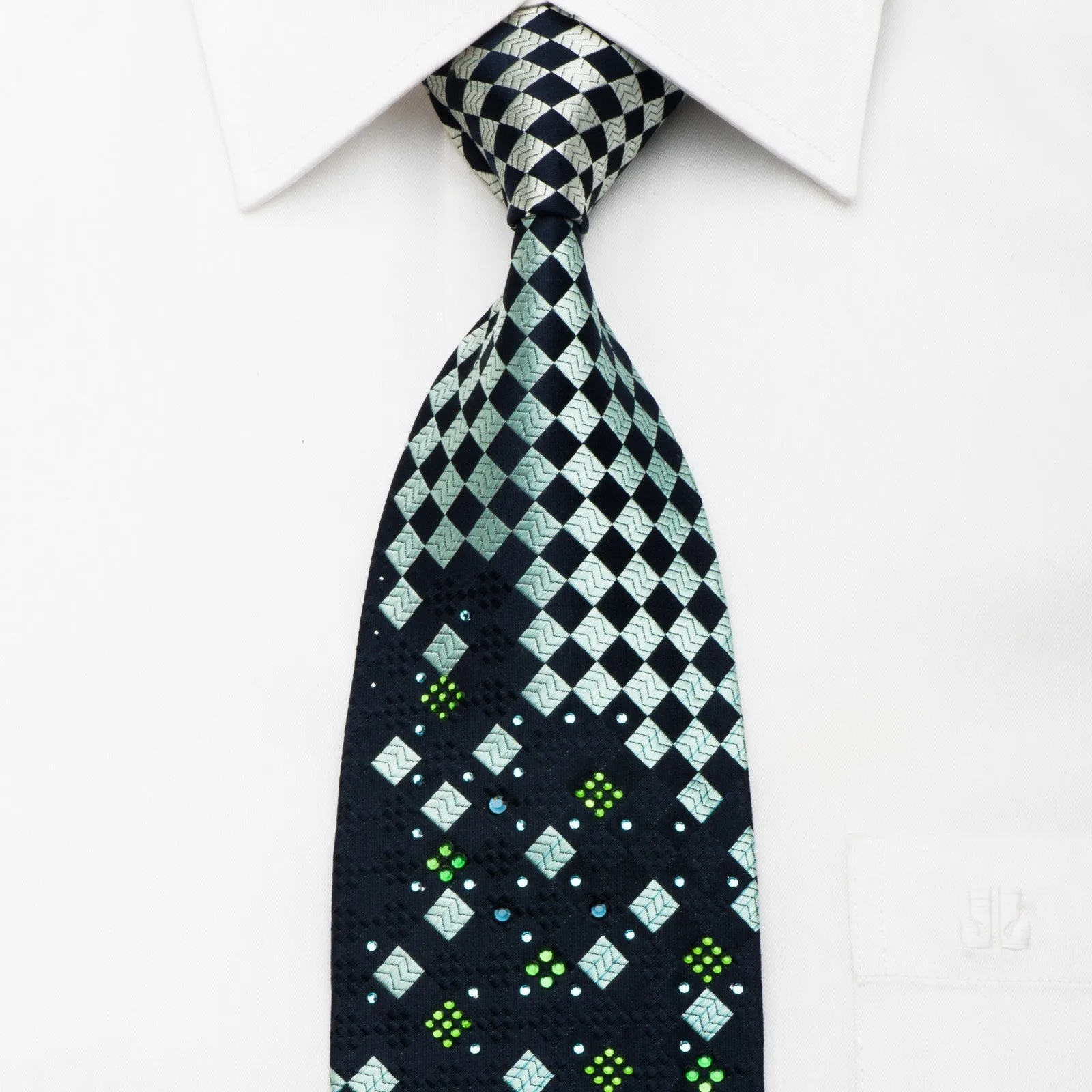 Elegance Men's Rhinestone Necktie Checker On Navy Blue With Silver Sparkles