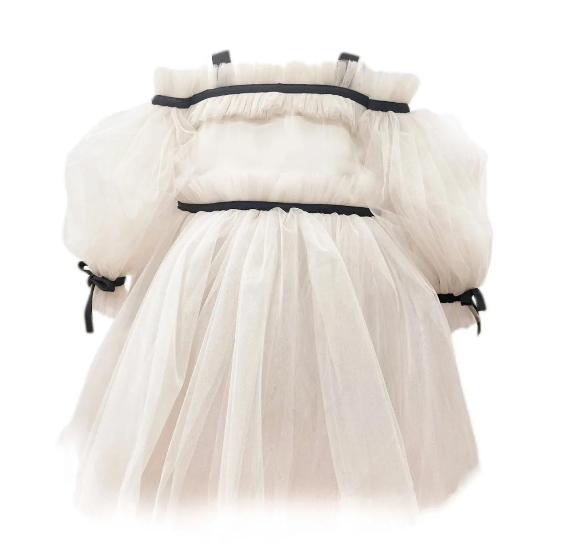 Elegant Off-Shoulder Tulle Dress with Black Ribbon Accents