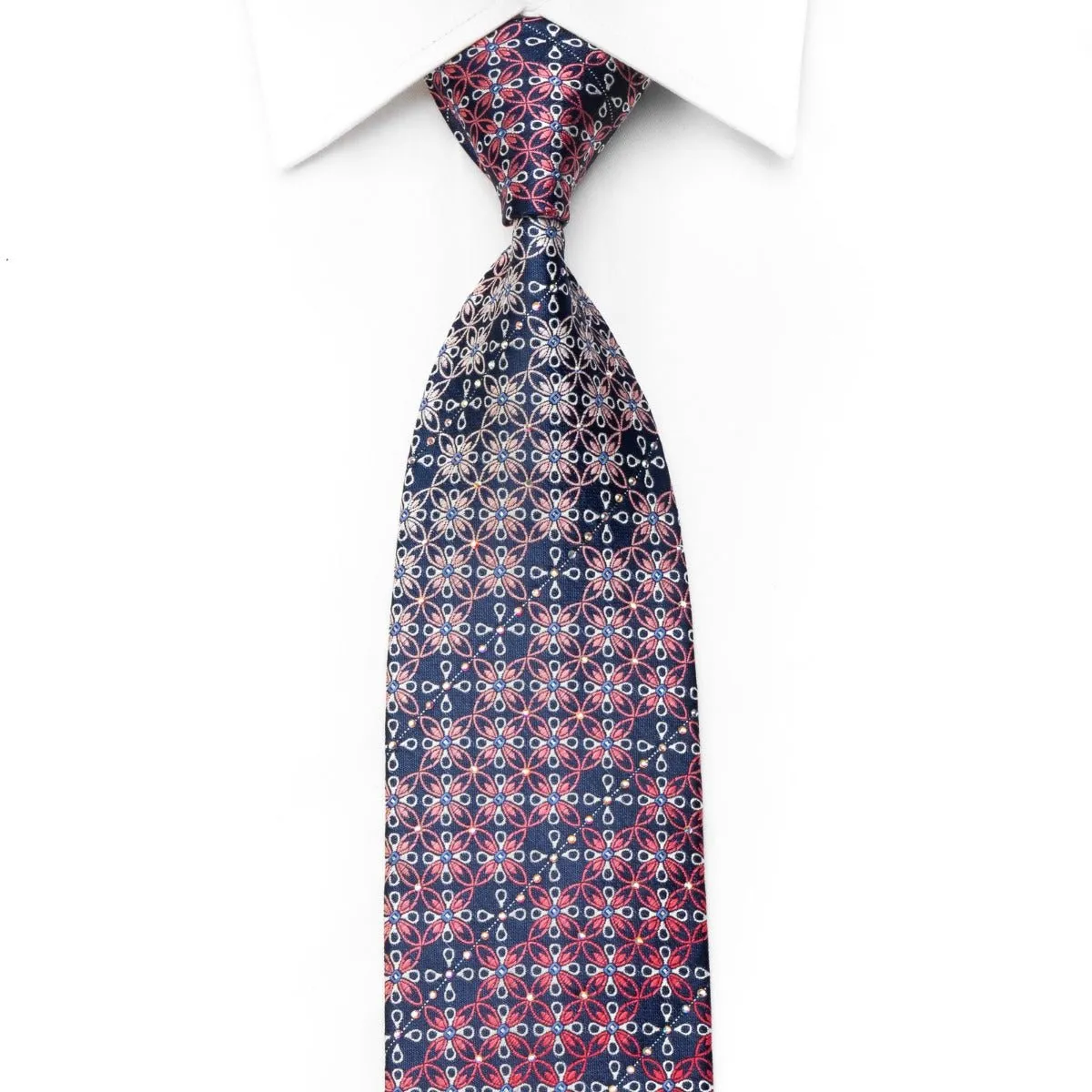 Elle Homme Men's Rhinestone Silk Necktie Silver Pink Geometric On Navy With Sparkles