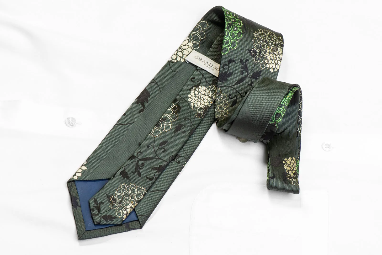 Floral On Green Black Rhinestone Tie With Silver Sparkles
