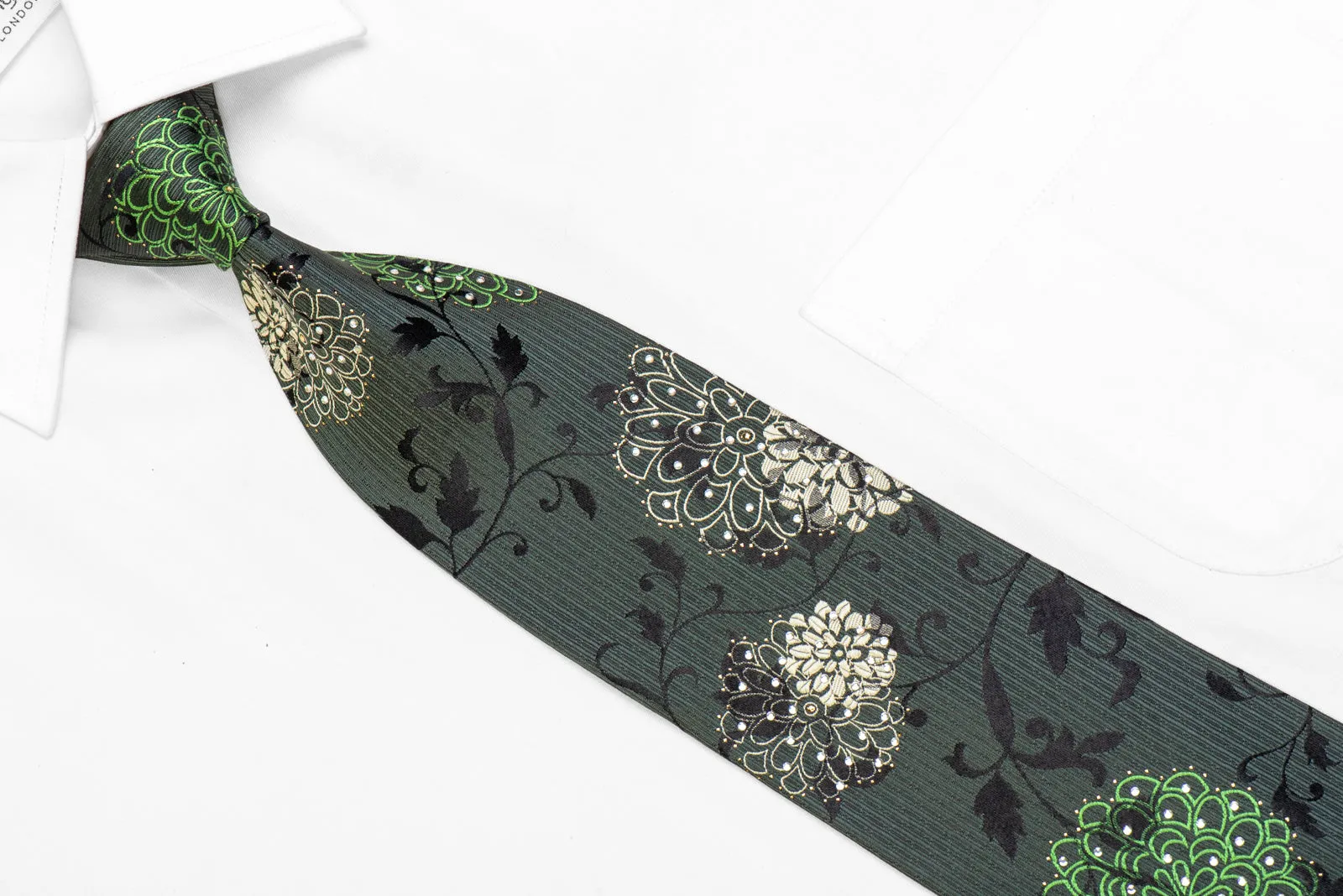 Floral On Green Black Rhinestone Tie With Silver Sparkles