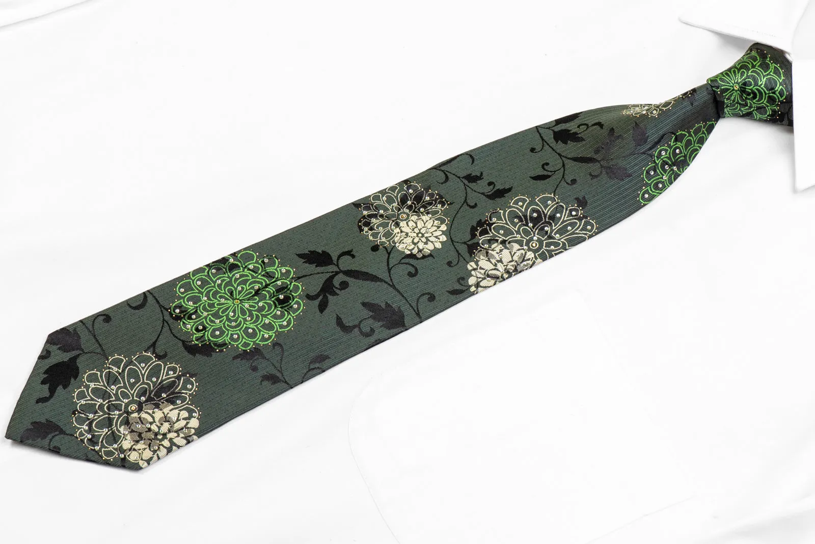 Floral On Green Black Rhinestone Tie With Silver Sparkles