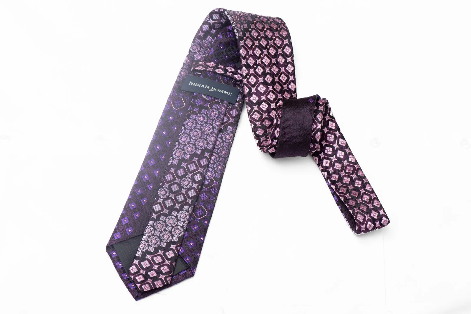 Geometric Floral On Navy Rhinestone Silk Necktie With Purple Sparkles