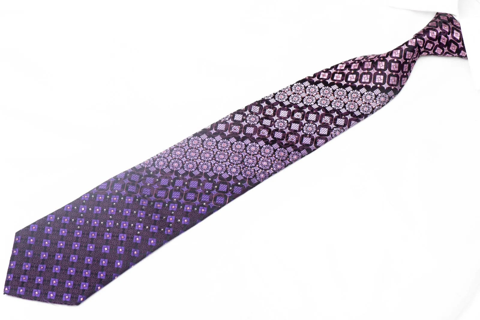 Geometric Floral On Navy Rhinestone Silk Necktie With Purple Sparkles