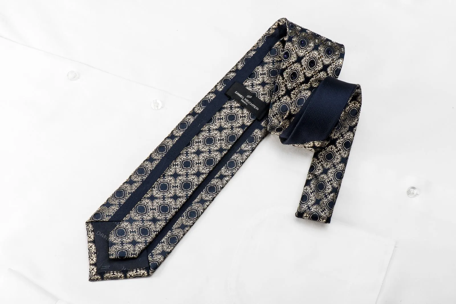 Golden Cartouche On Navy Men's Crystal Silk Tie With Sparkles