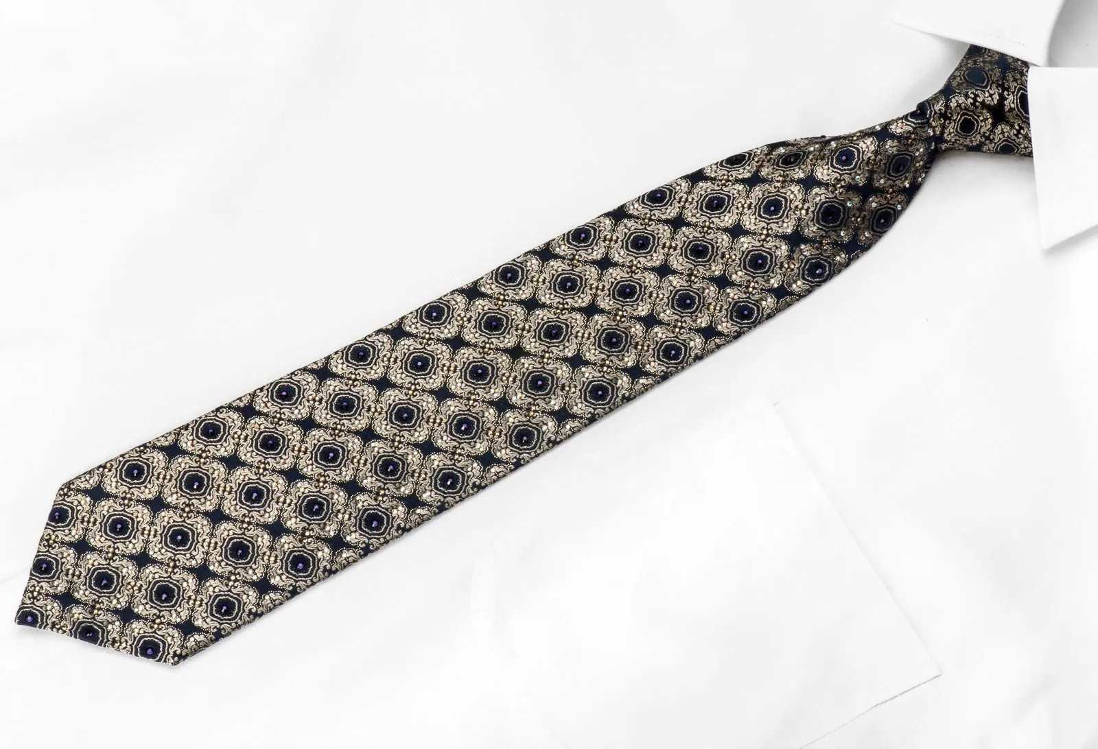 Golden Cartouche On Navy Men's Crystal Silk Tie With Sparkles