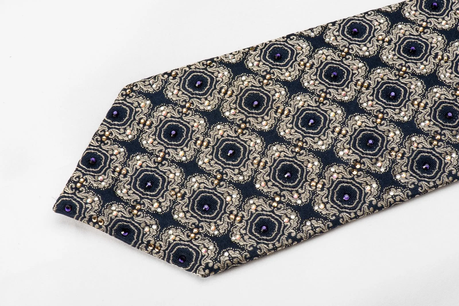Golden Cartouche On Navy Men's Crystal Silk Tie With Sparkles