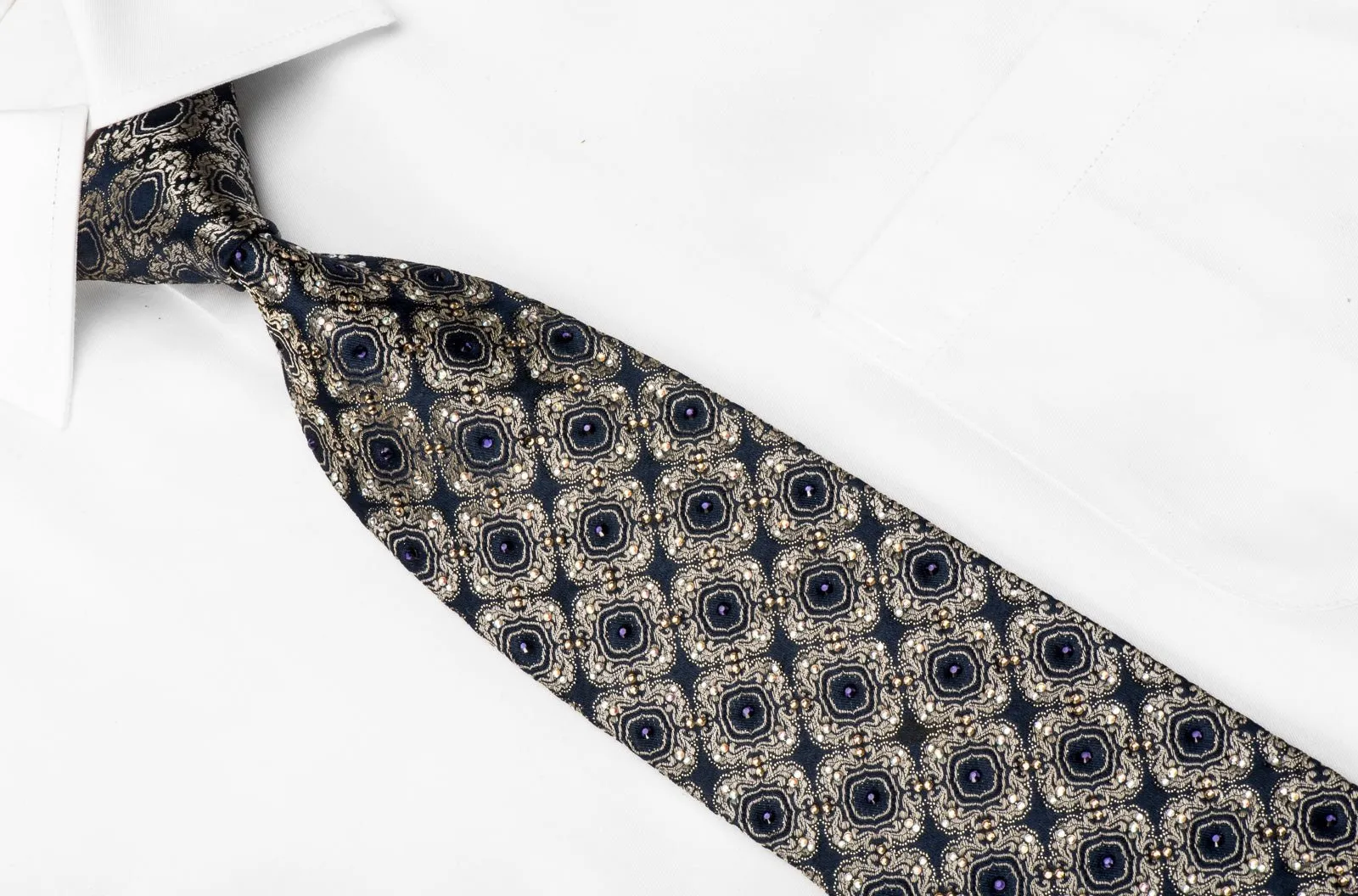 Golden Cartouche On Navy Men's Crystal Silk Tie With Sparkles