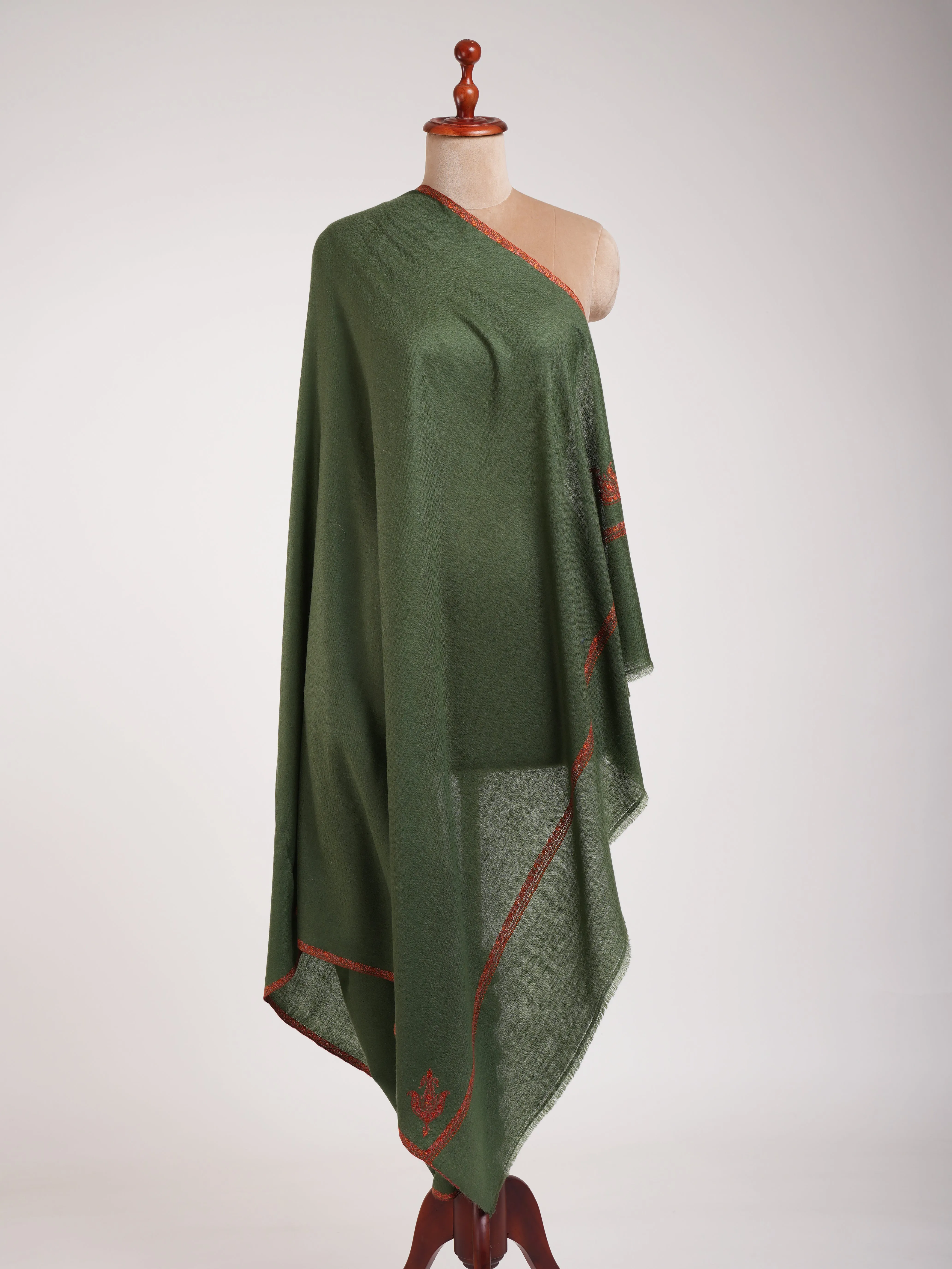 Green Bail Dar Sozni Embroidered  Kashmiri Pashmina Shawl