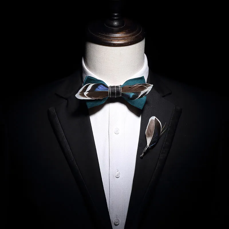 Green Mallard Duck Feather Bow Tie with Lapel Pin