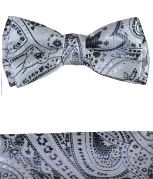 Grey Paisley Boys Bow Tie and Pocket Square Set, Pre-tied