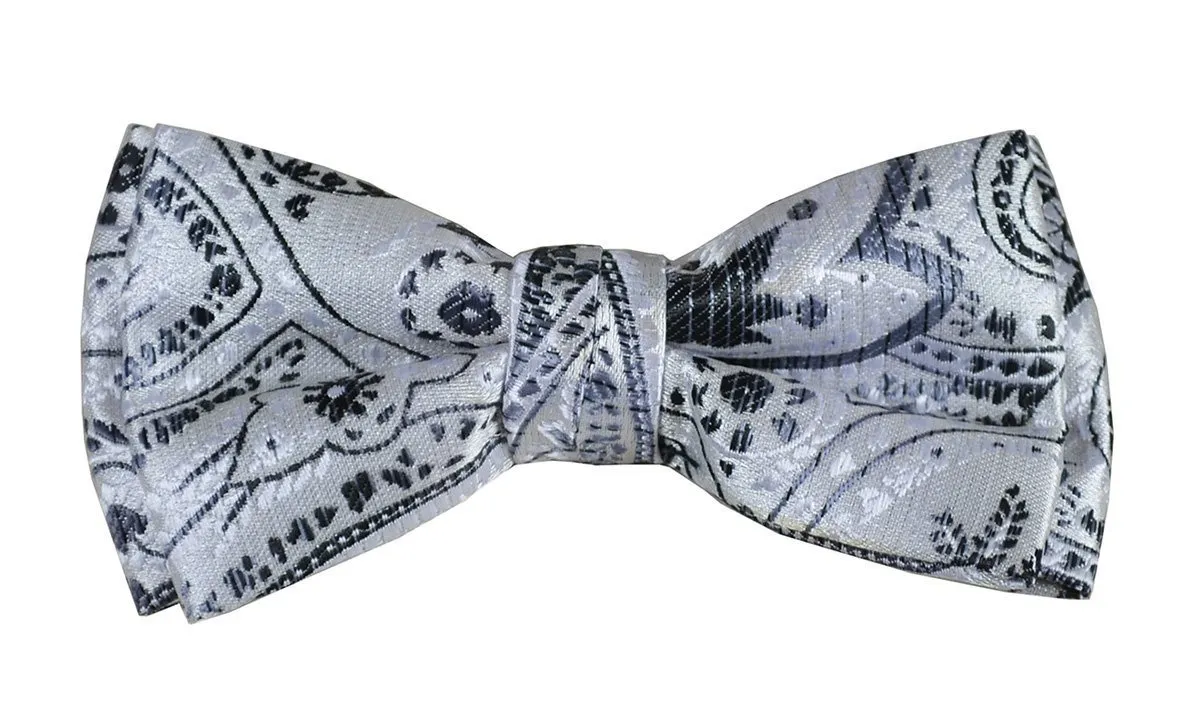 Grey Paisley Boys Bow Tie and Pocket Square Set, Pre-tied