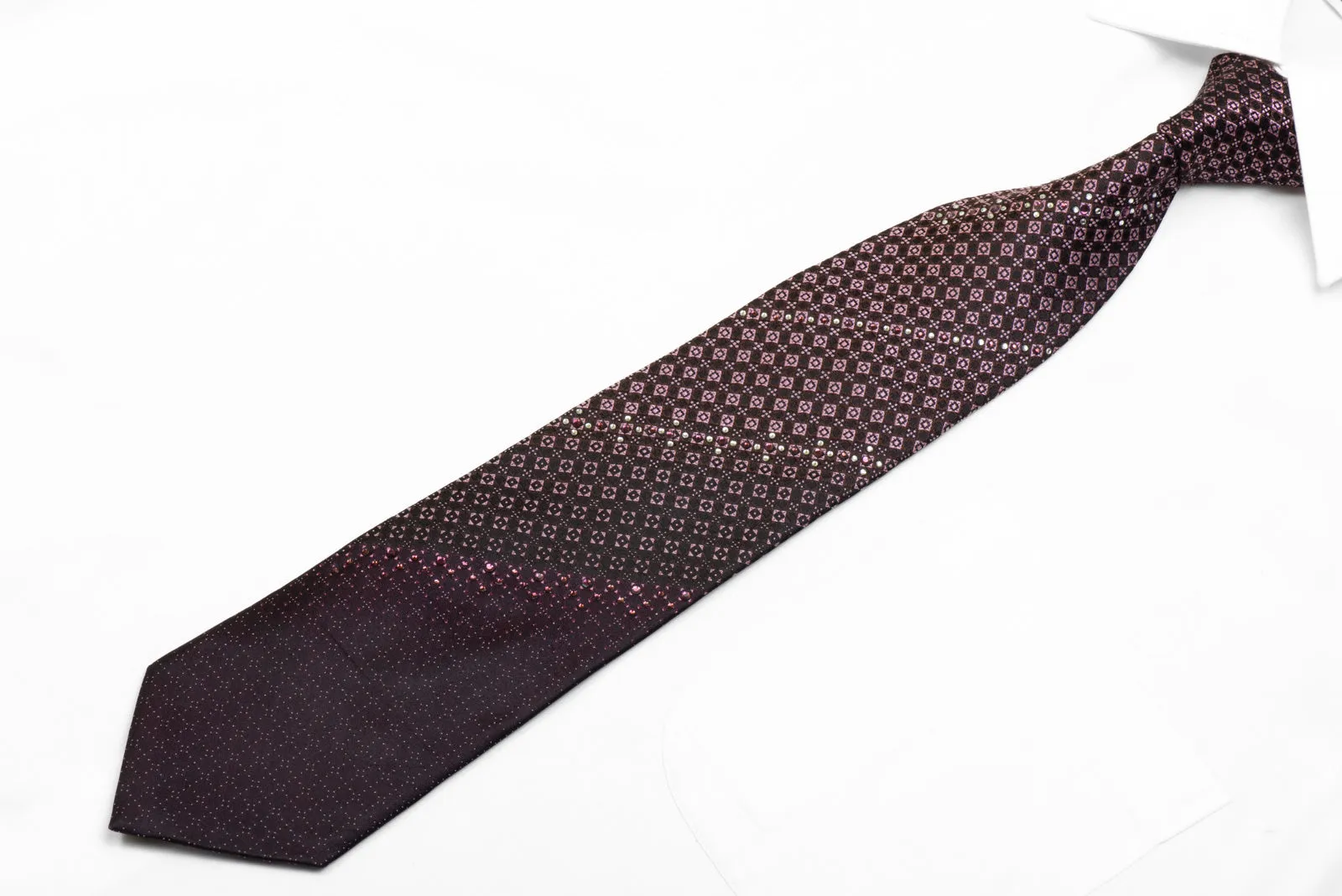 Indian Homme Rhinestone Silk Tie Mauve Brown Checkered On Black