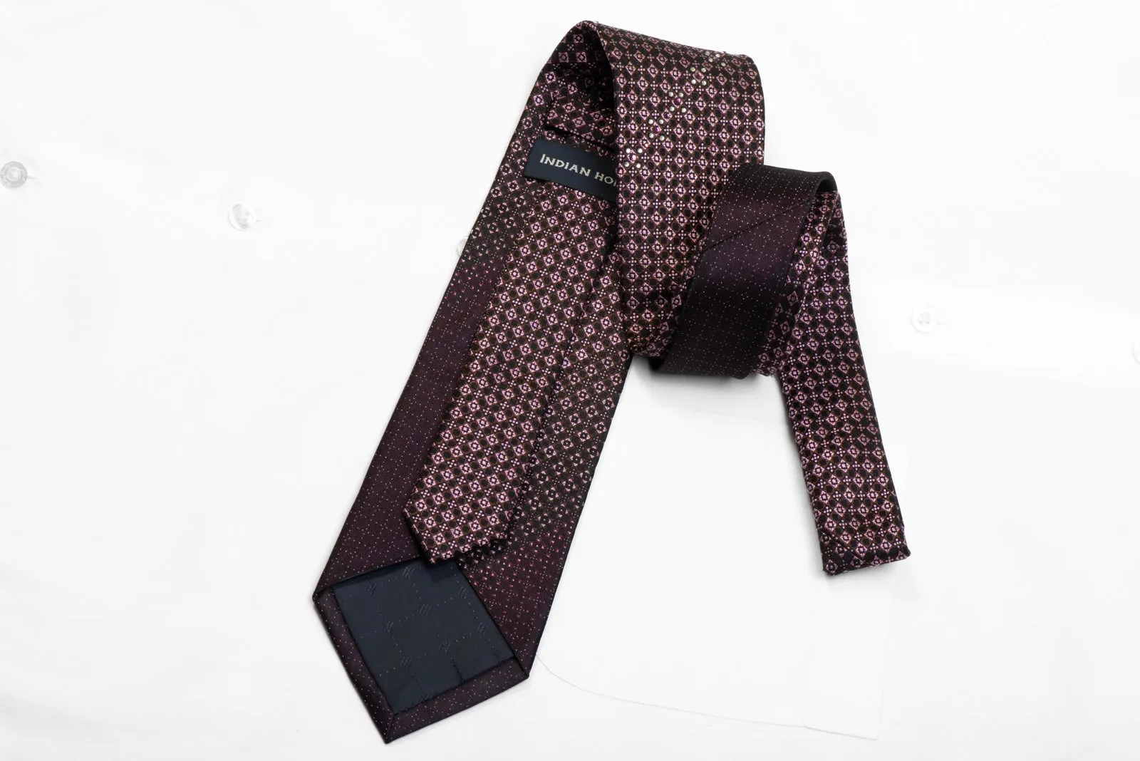 Indian Homme Rhinestone Silk Tie Mauve Brown Checkered On Black