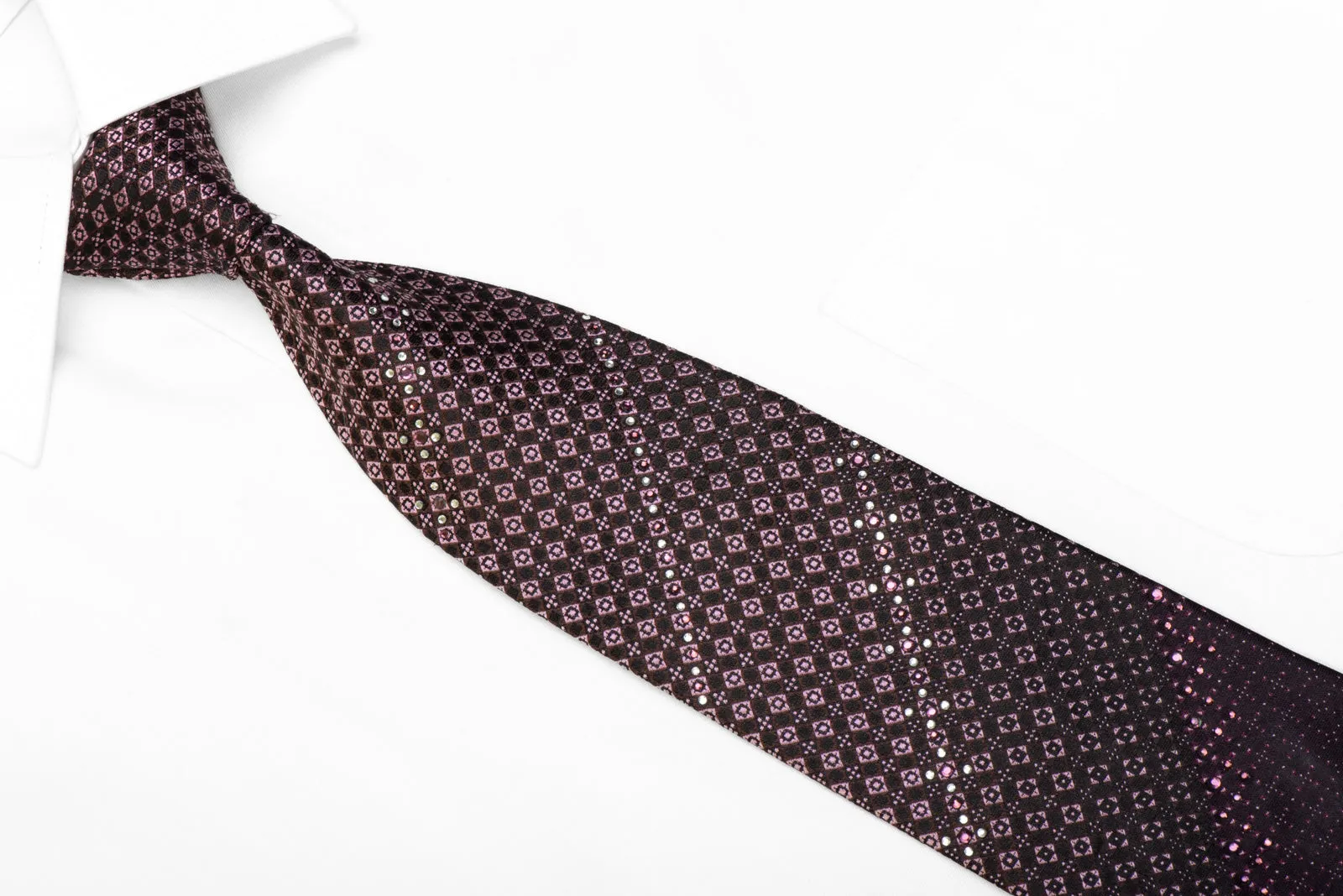 Indian Homme Rhinestone Silk Tie Mauve Brown Checkered On Black