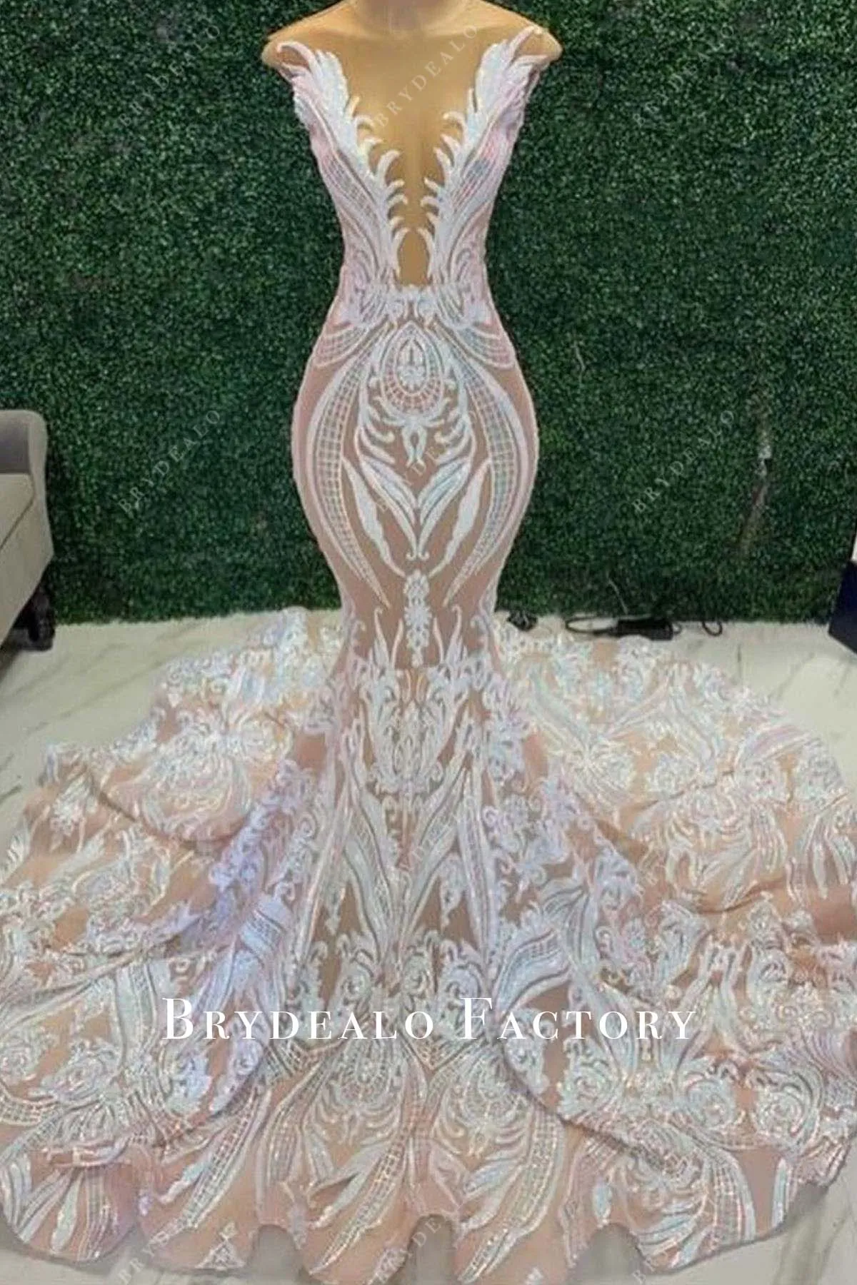 Iridescent Unique Sequin Sleeveless Trumpet Long Train Prom Dress