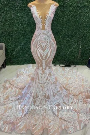 Iridescent Unique Sequin Sleeveless Trumpet Long Train Prom Dress