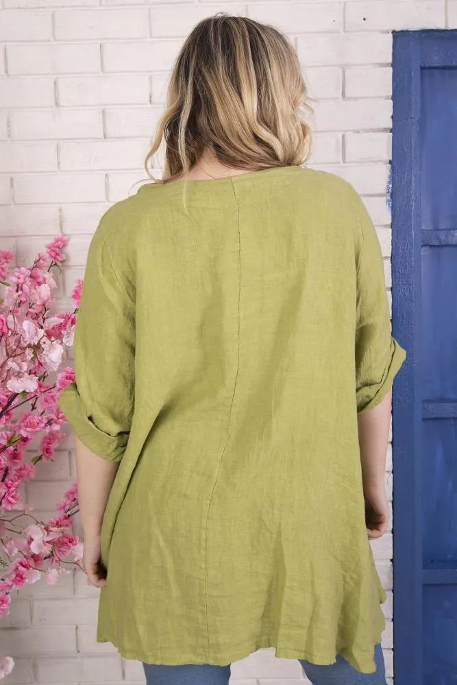 Italian Linen Button Hem Pocket Oversized Top
