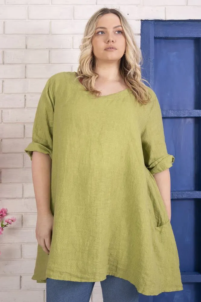 Italian Linen Button Hem Pocket Oversized Top