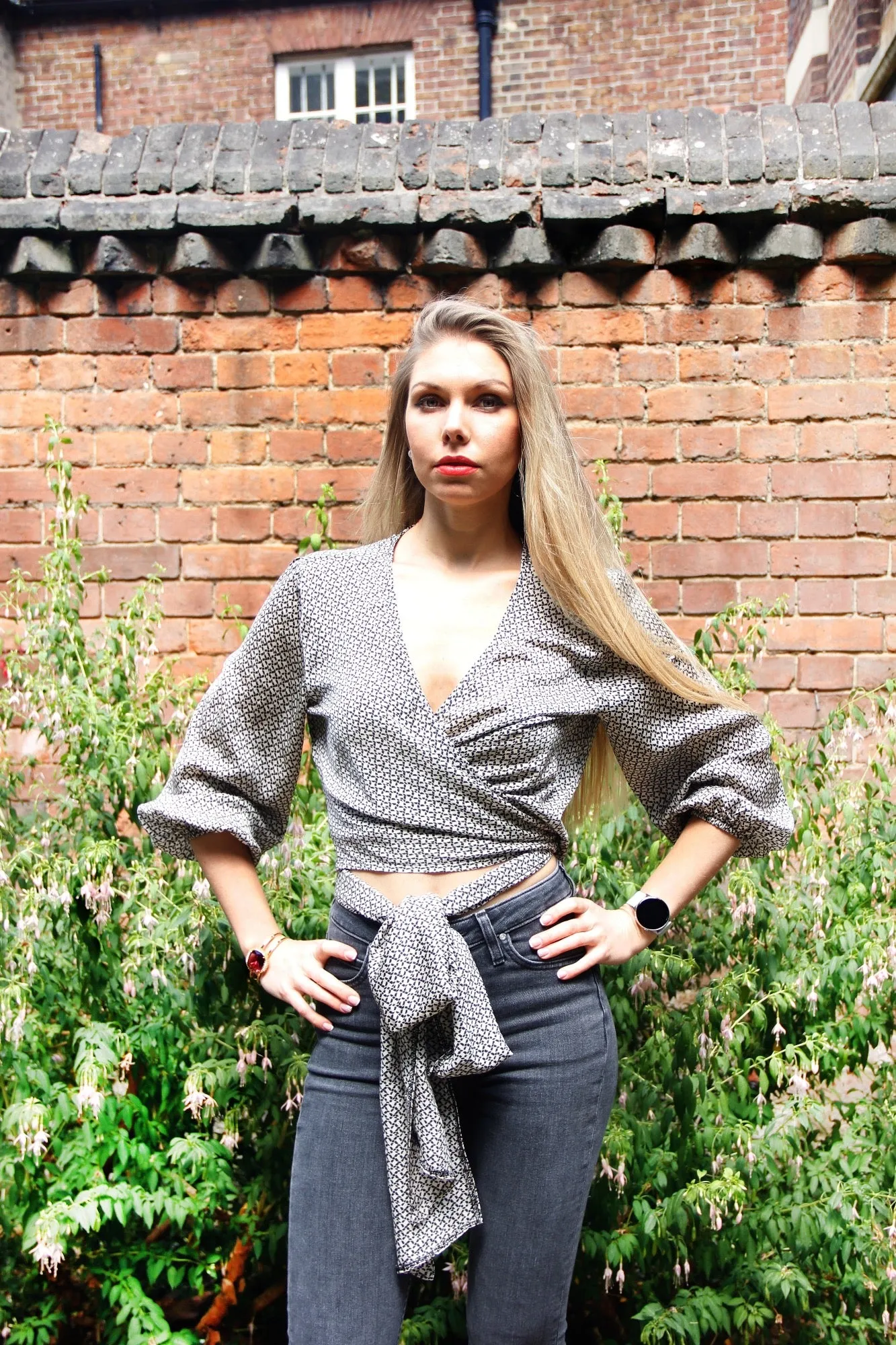 Jenny - Black and White Monochrome Satin Wrap Blouse with Puff Sleeves
