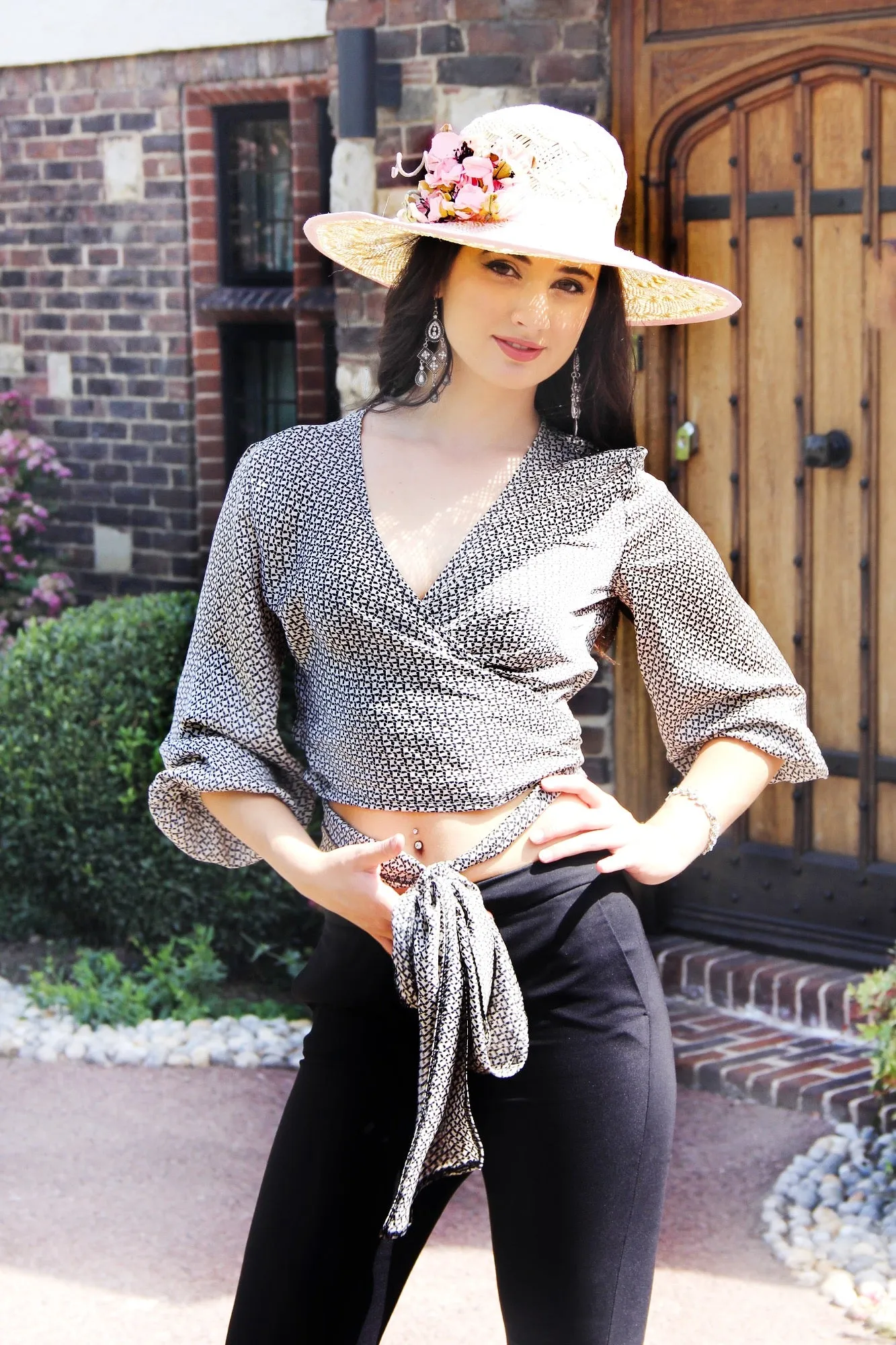 Jenny - Black and White Monochrome Satin Wrap Blouse with Puff Sleeves