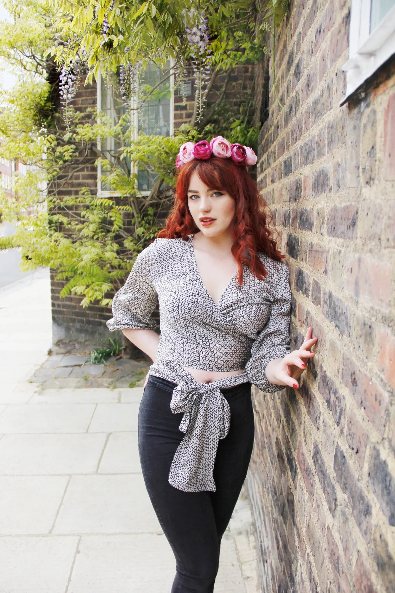 Jenny - Black and White Monochrome Satin Wrap Blouse with Puff Sleeves