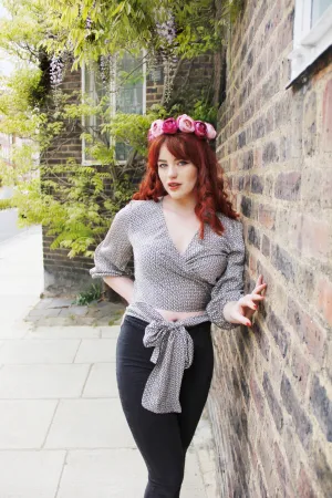 Jenny - Black and White Monochrome Satin Wrap Blouse with Puff Sleeves