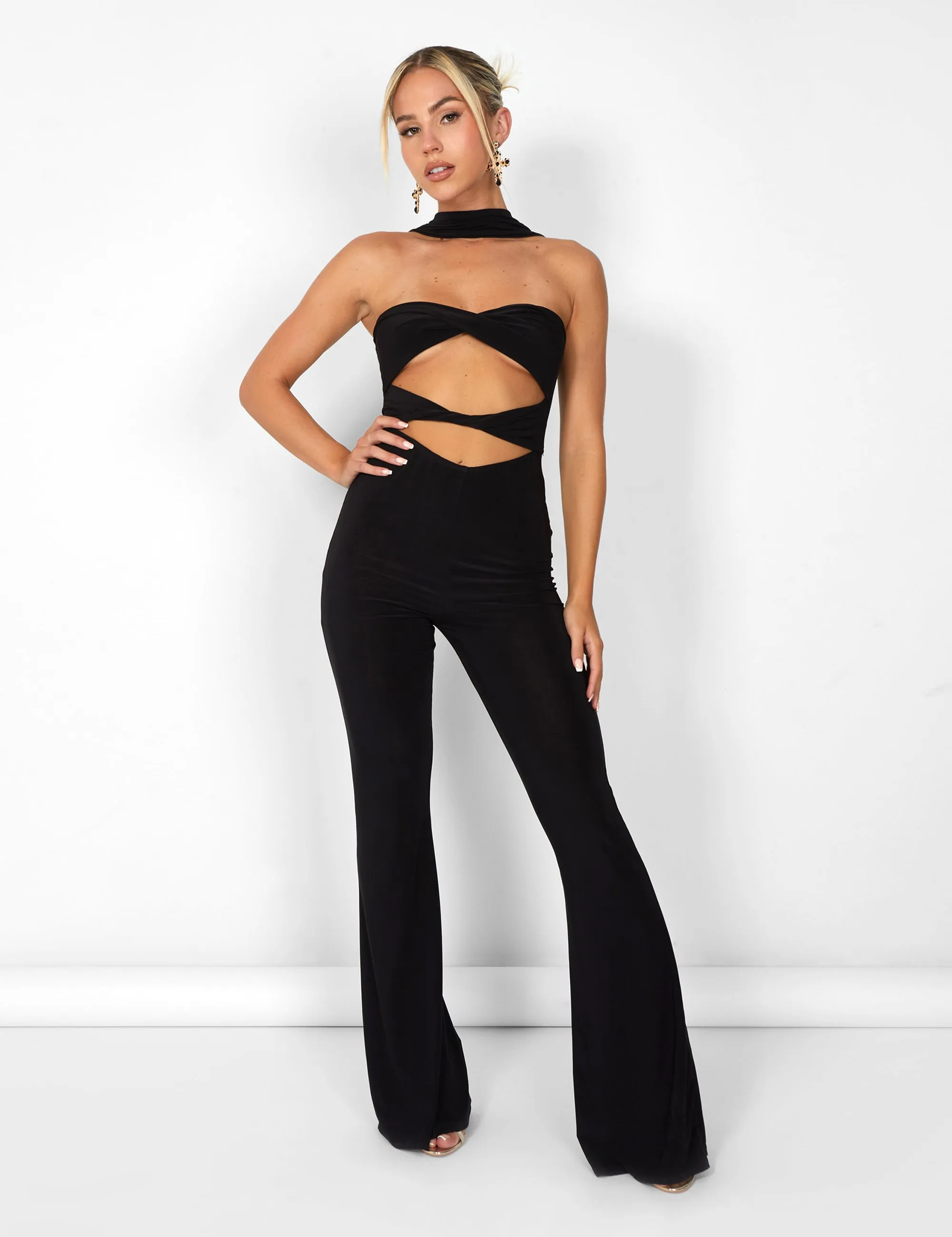 Kaiia Slinky Choker Cut Out Jumpsuit in Black