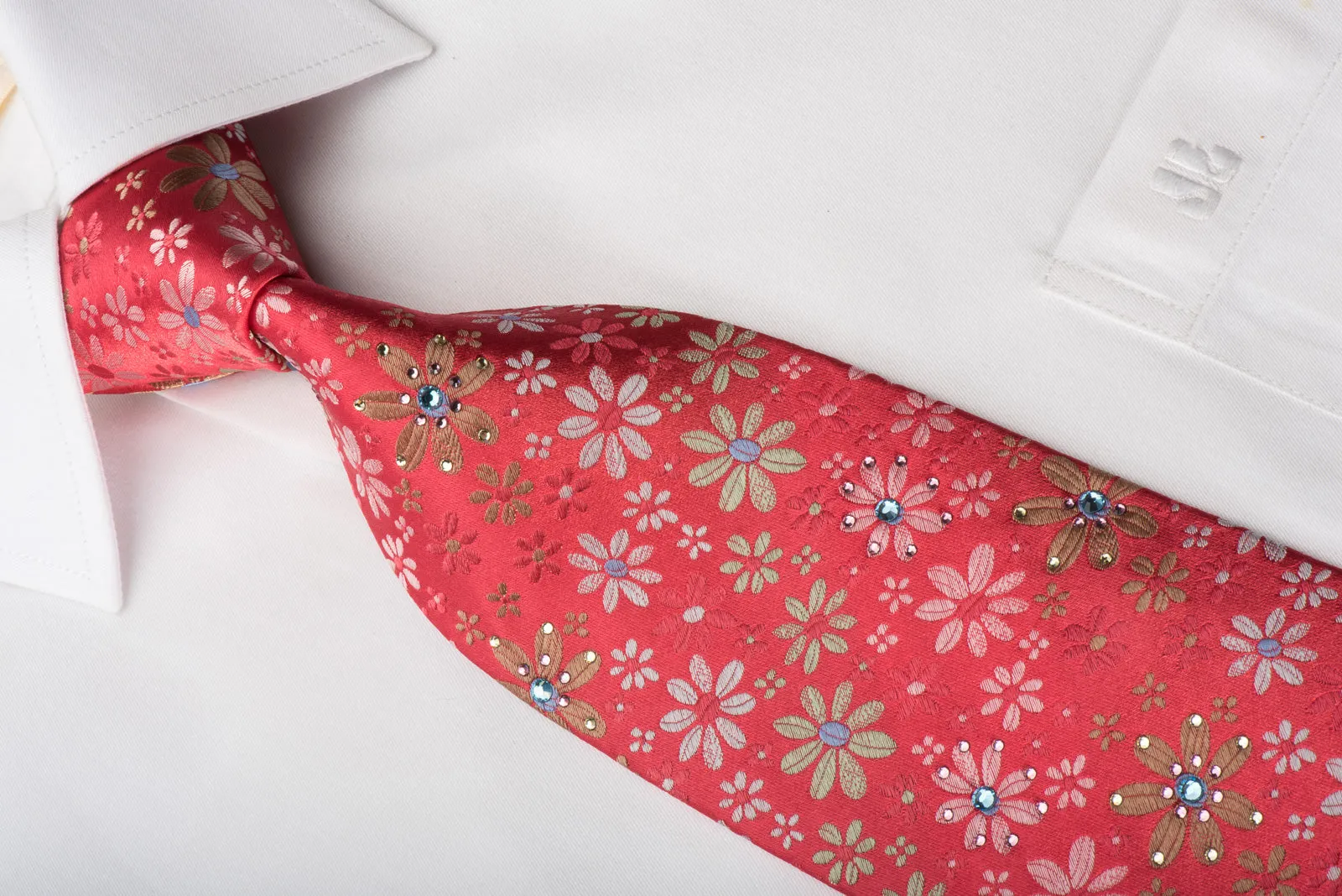 Lancetti Silk Necktie Floral On Red Sparkling With Rhinestones