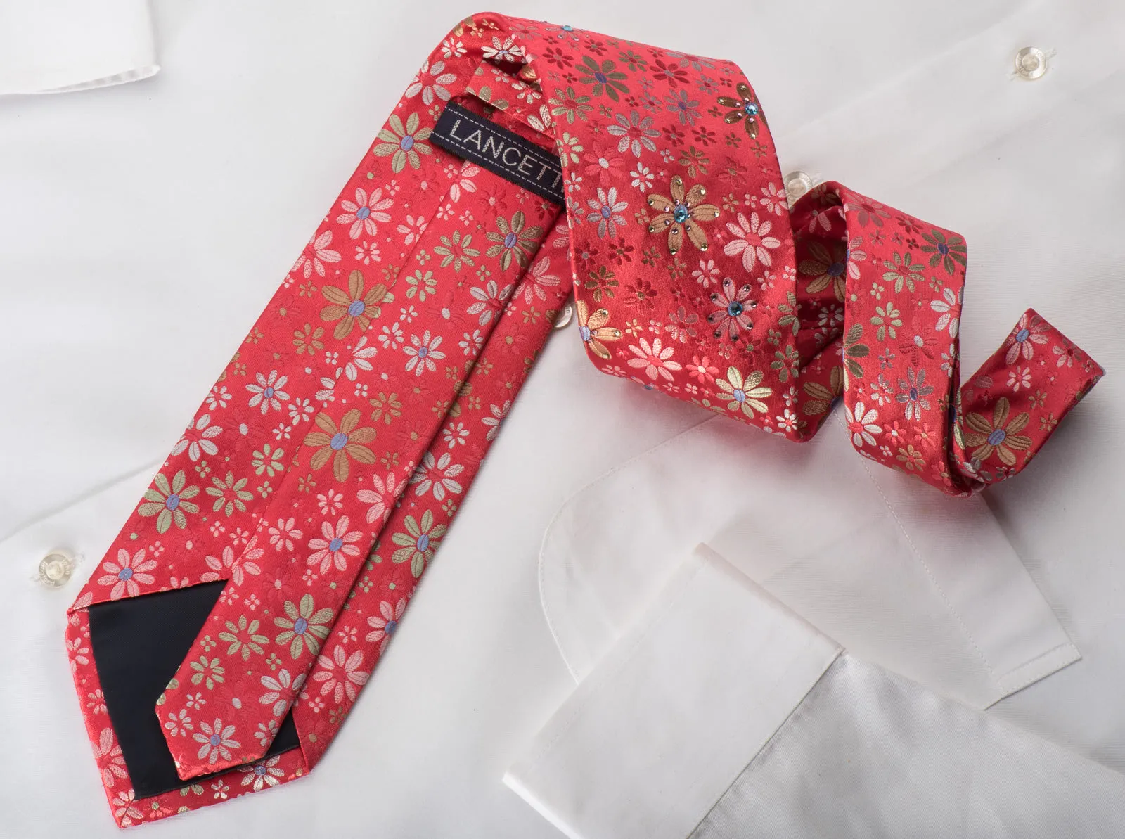 Lancetti Silk Necktie Floral On Red Sparkling With Rhinestones