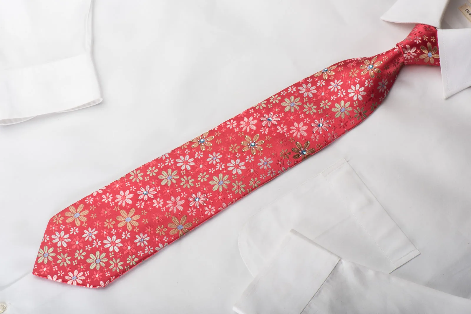 Lancetti Silk Necktie Floral On Red Sparkling With Rhinestones