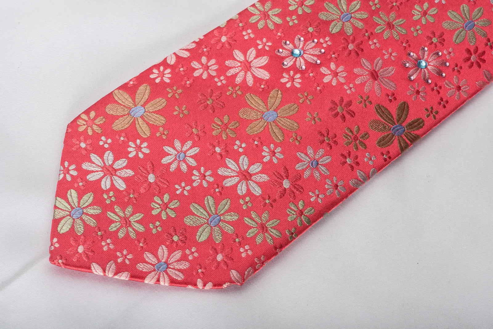 Lancetti Silk Necktie Floral On Red Sparkling With Rhinestones