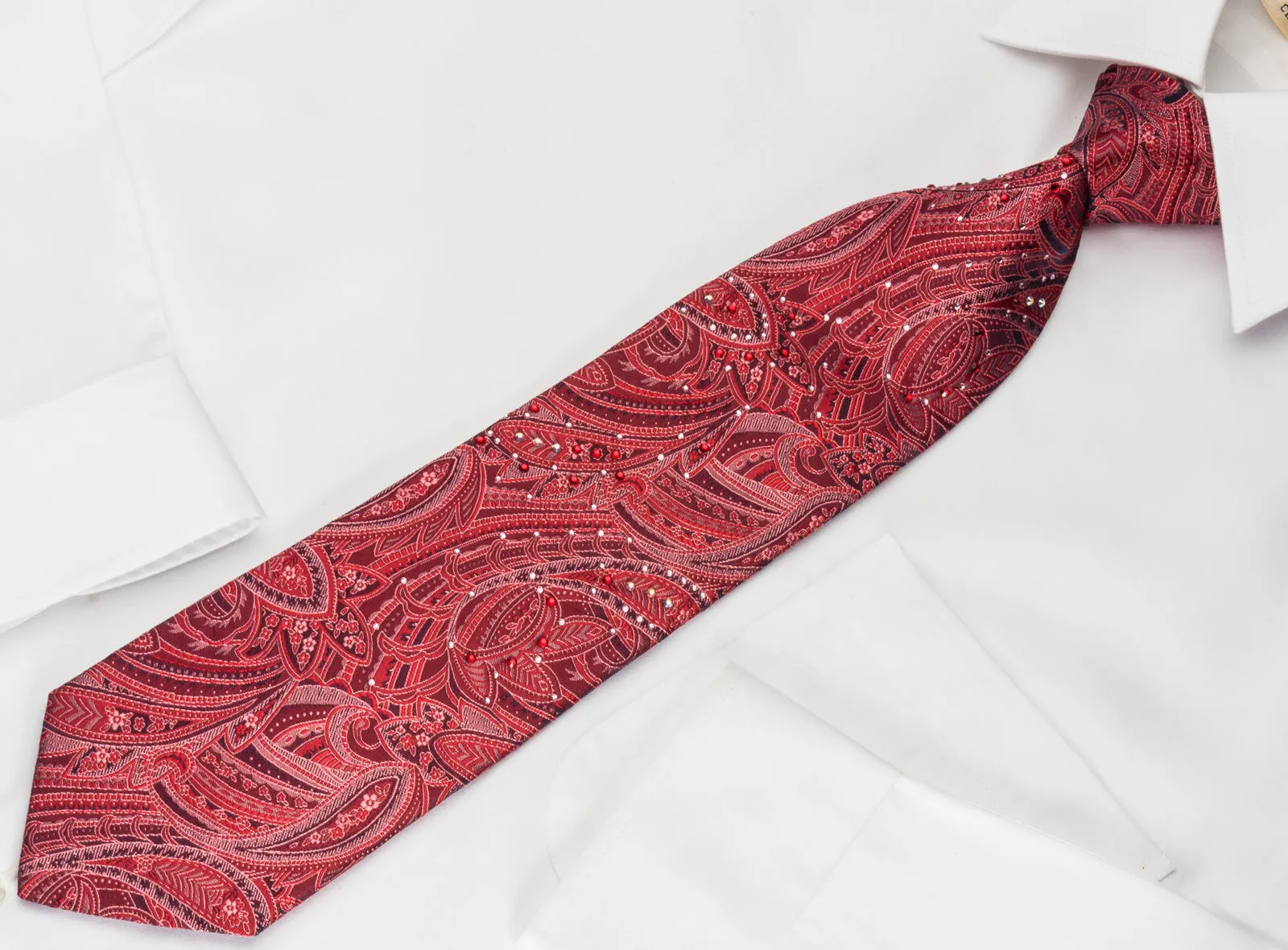 Lancetti Silk Necktie Paisley On Burgundy With Rhinestones
